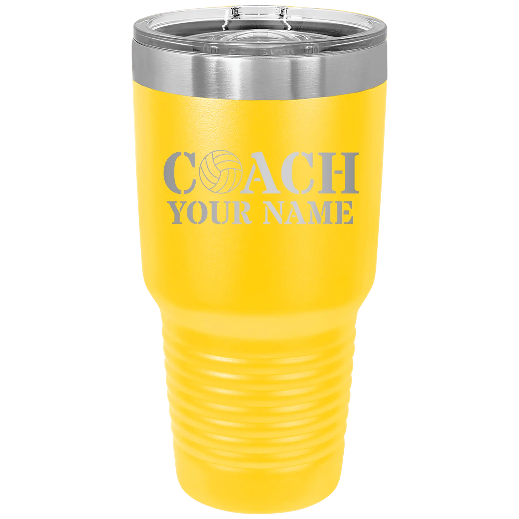 Personalized yellow 30 oz vacuum insulated tumbler with 'Coach Volleyball' design
