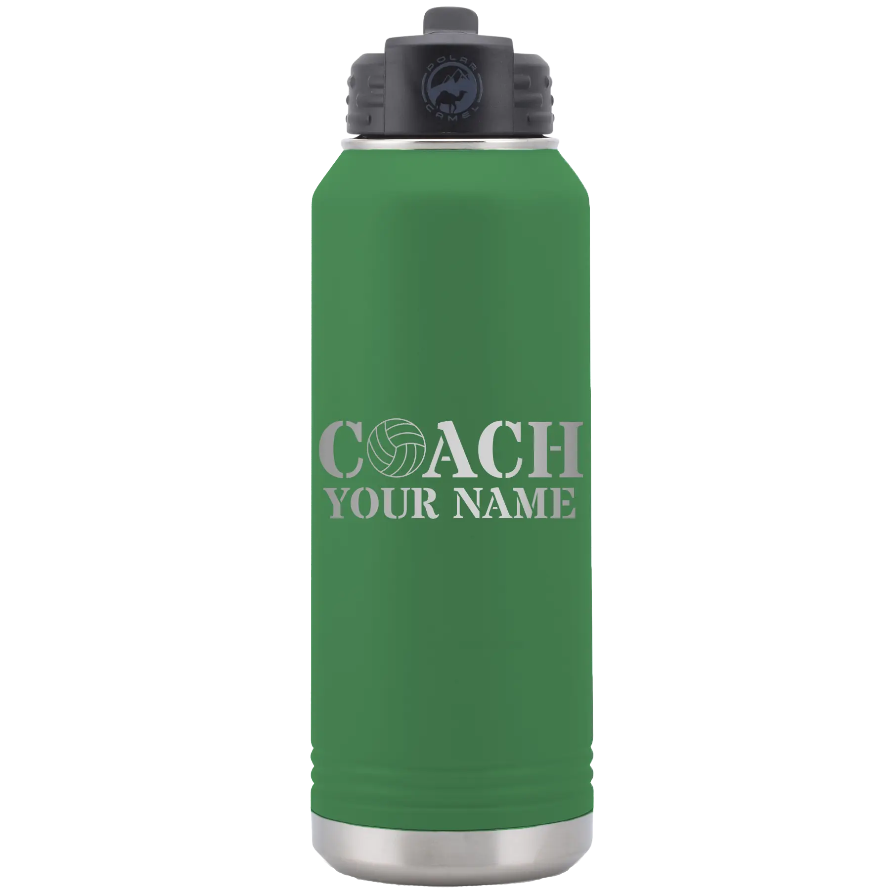 Personalized green 32 oz vacuum insulated water bottle with 'Coach Volleyball' design