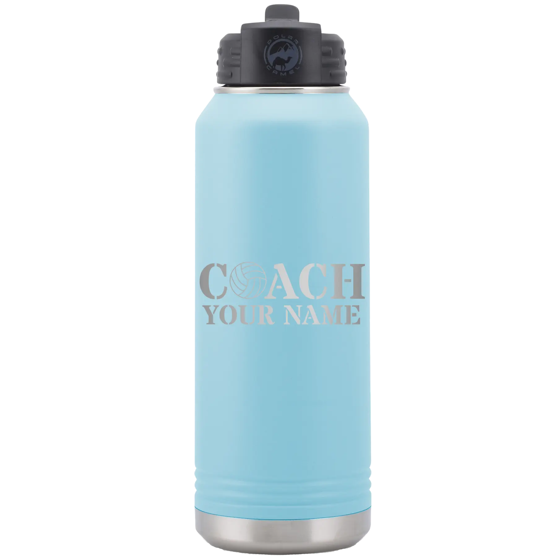 Personalized light blue 32 oz vacuum insulated water bottle with 'Coach Volleyball' design