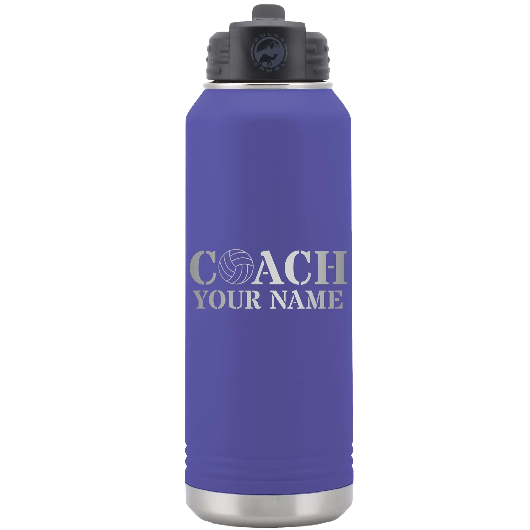 Personalized purple 32 oz vacuum insulated water bottle with 'Coach Volleyball' design
