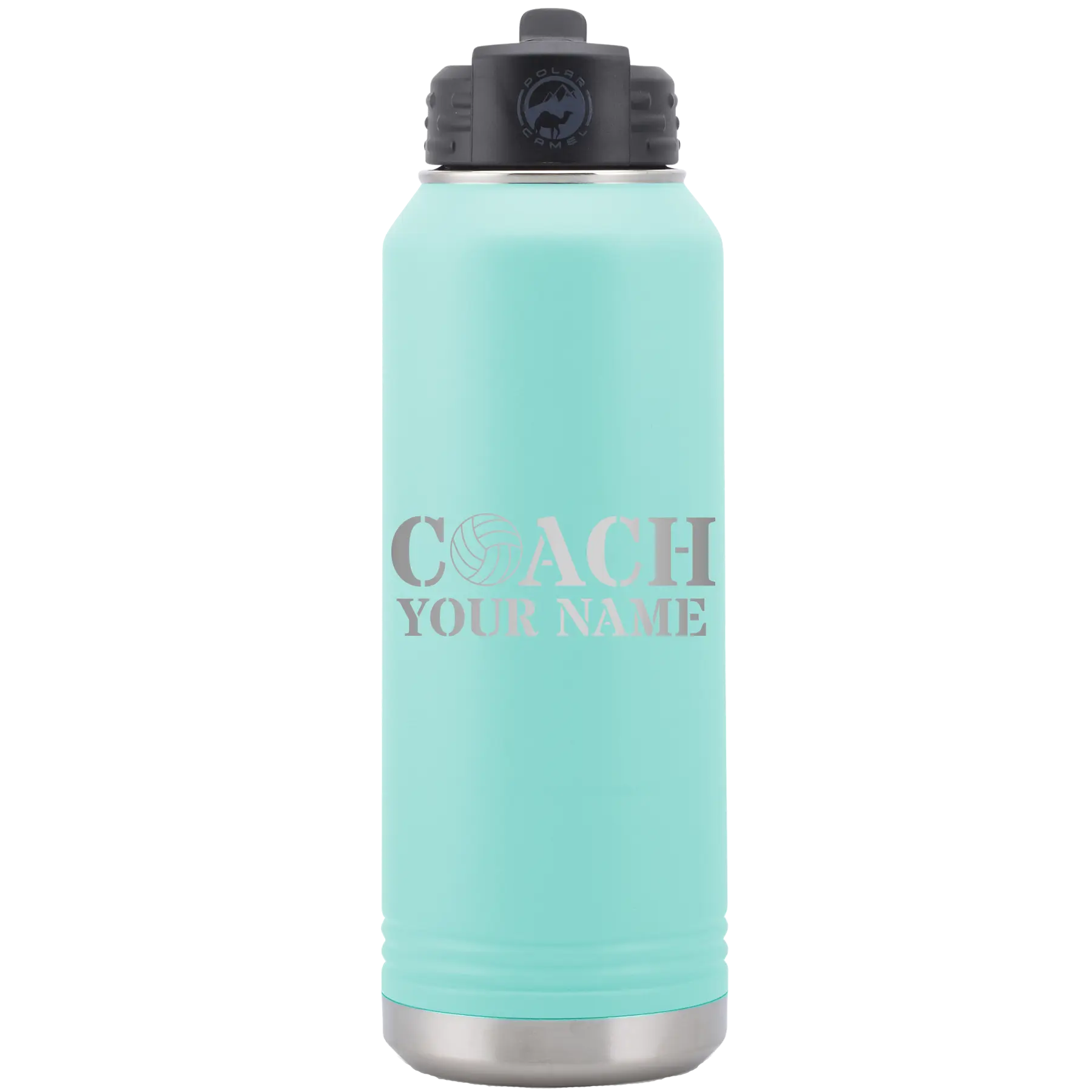 Personalized teal 32 oz vacuum insulated water bottle with 'Coach Volleyball' design