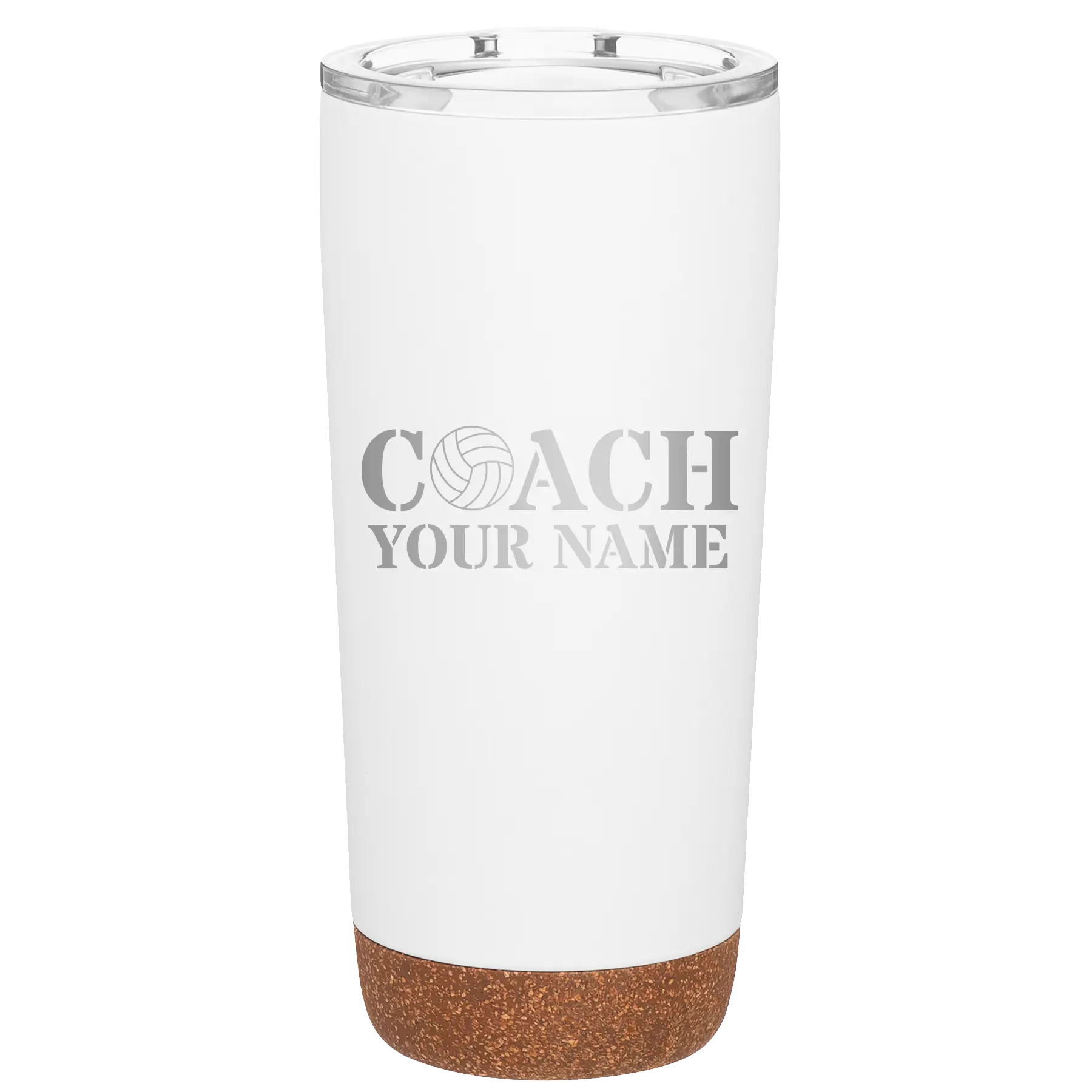 Personalized white 20 oz vacuum insulated tumbler with 'Coach Volleyball' design