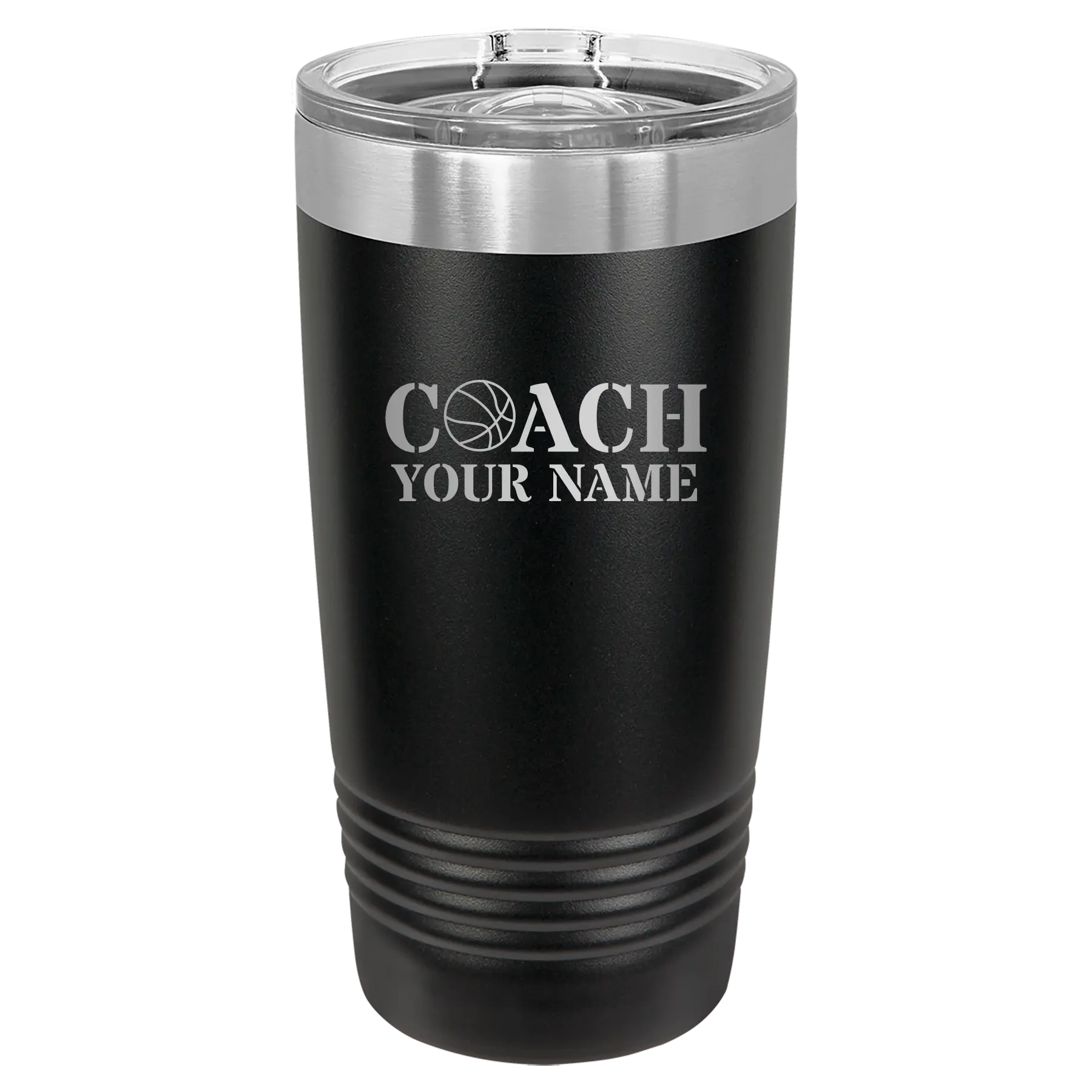 Personalized black 20 oz vacuum insulated tumbler with 'Coach Basketball' design