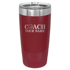 Personalized maroon 20 oz vacuum insulated tumbler with 'Coach Basketball' design