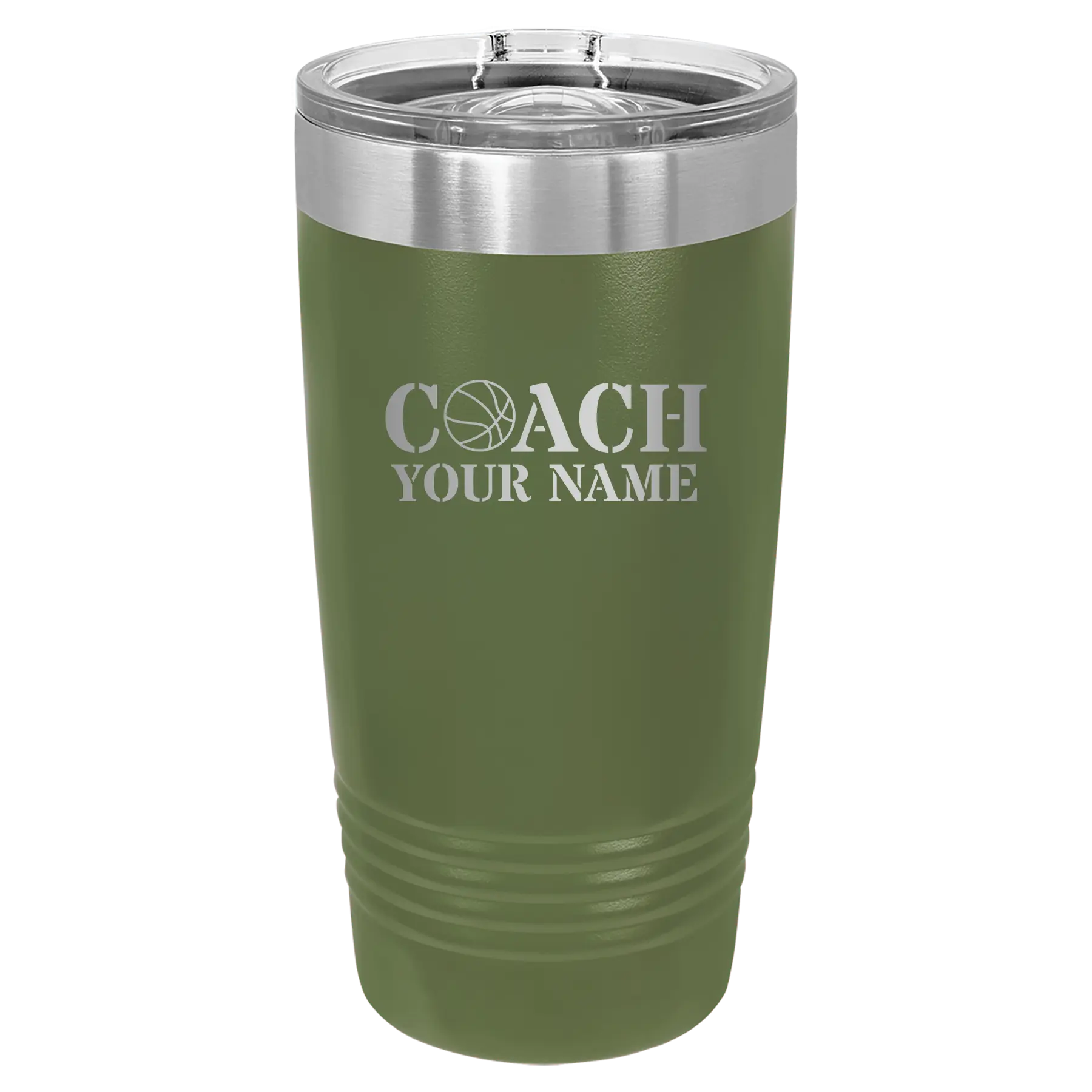 Personalized olive green 20 oz vacuum insulated tumbler with 'Coach Basketball' design
