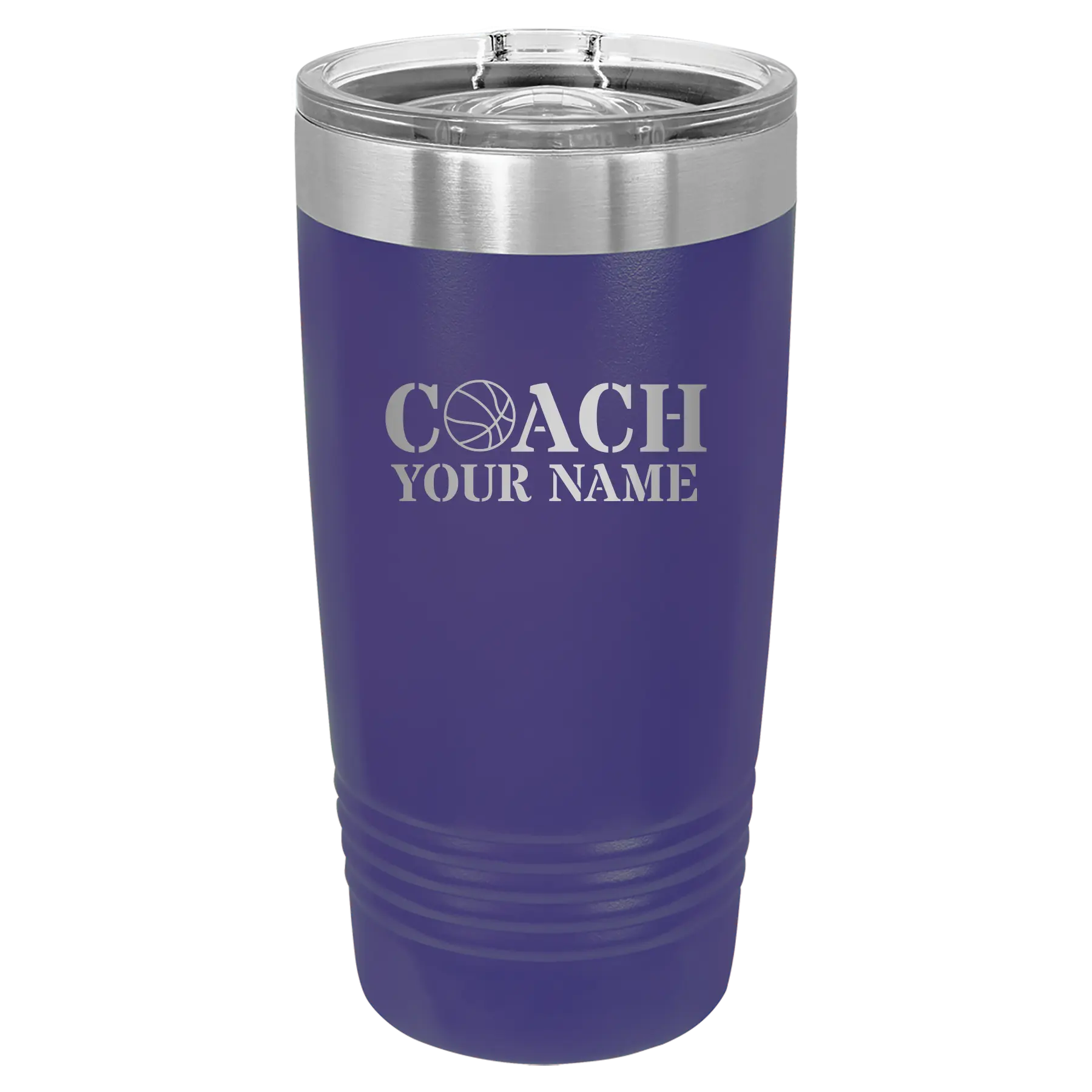 Personalized purple 20 oz vacuum insulated tumbler with 'Coach Basketball' design