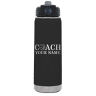Personalized black 20 oz vacuum insulated water bottle with 'Coach Basketball' design