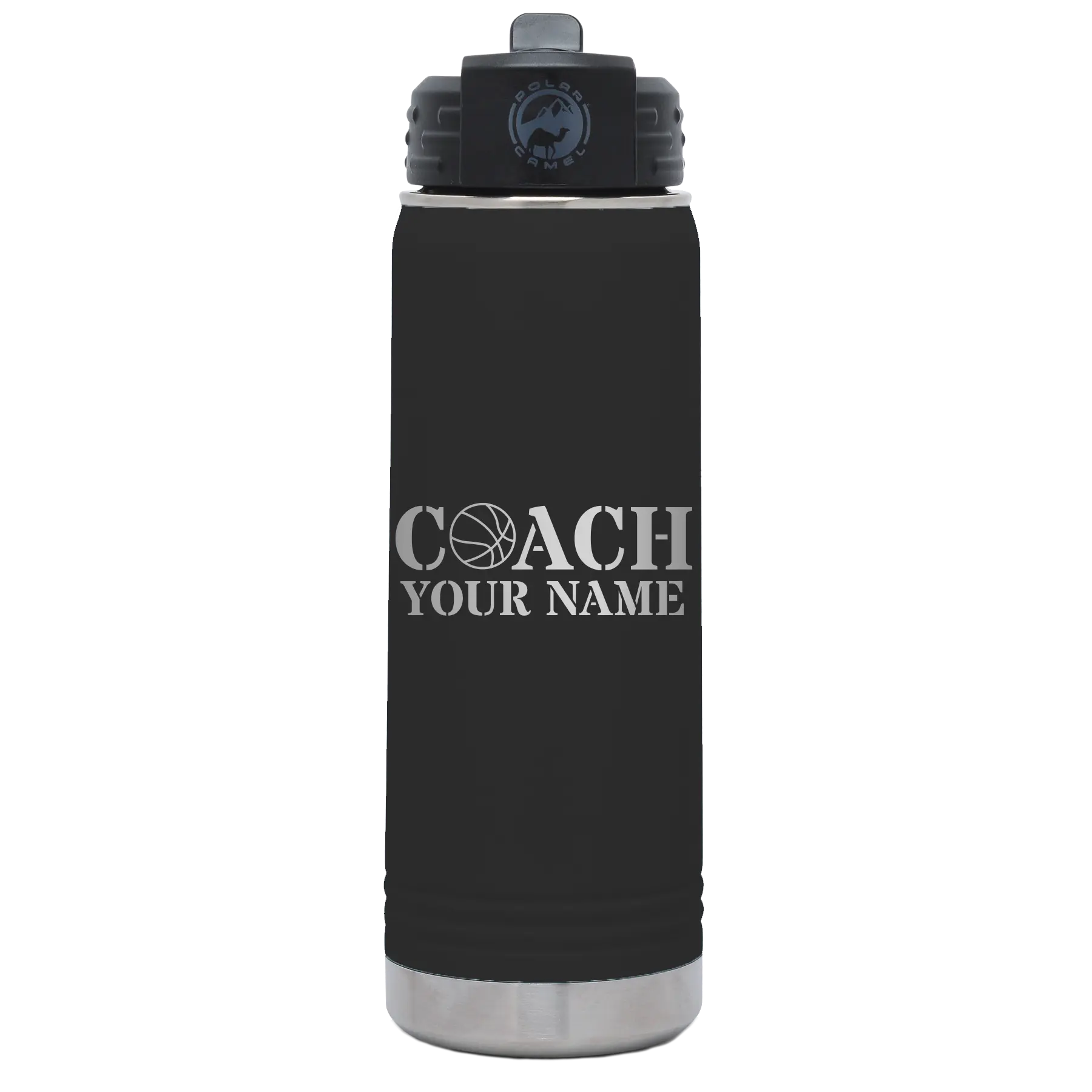 Personalized black 20 oz vacuum insulated water bottle with 'Coach Basketball' design