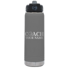 Personalized dark gray 20 oz vacuum insulated water bottle with 'Coach Basketball' design