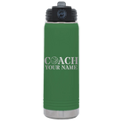Personalized green 20 oz vacuum insulated water bottle with 'Coach Basketball' design