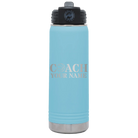 Personalized light blue 20 oz vacuum insulated water bottle with 'Coach Basketball' design