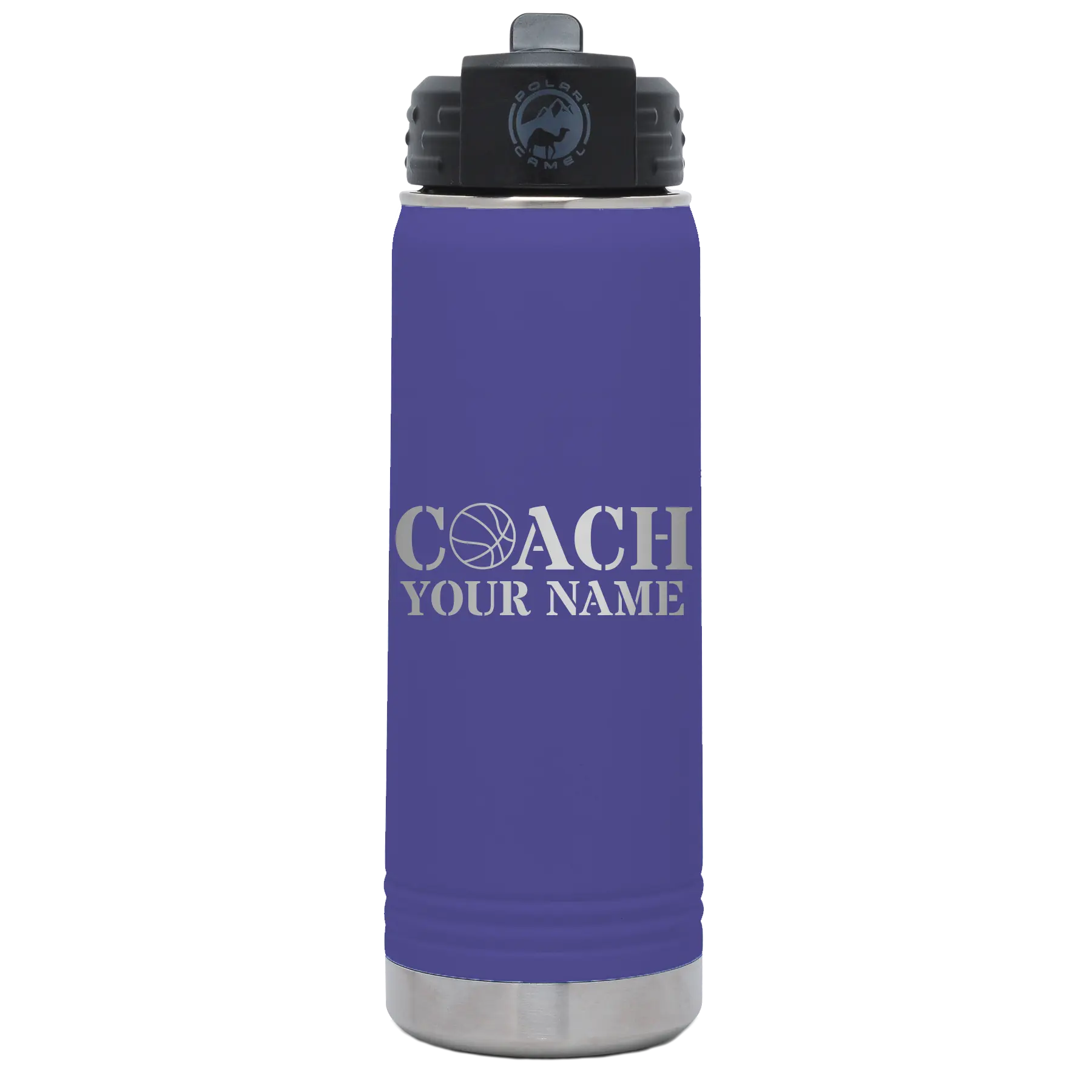 Personalized purple 20 oz vacuum insulated water bottle with 'Coach Basketball' design