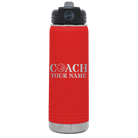 Personalized red 20 oz vacuum insulated water bottle with 'Coach Basketball' design