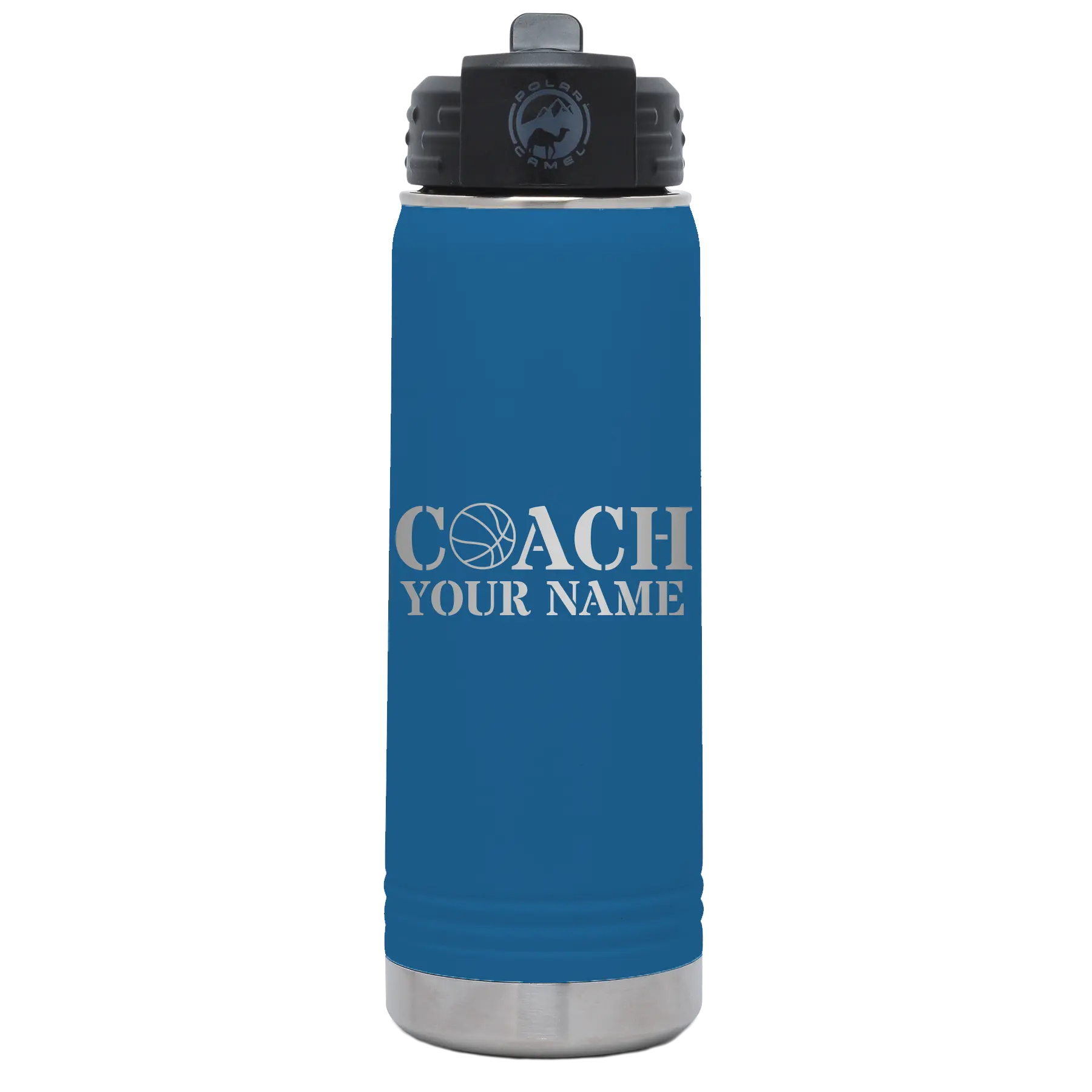 Personalized royal blue 20 oz vacuum insulated water bottle with 'Coach Basketball' design