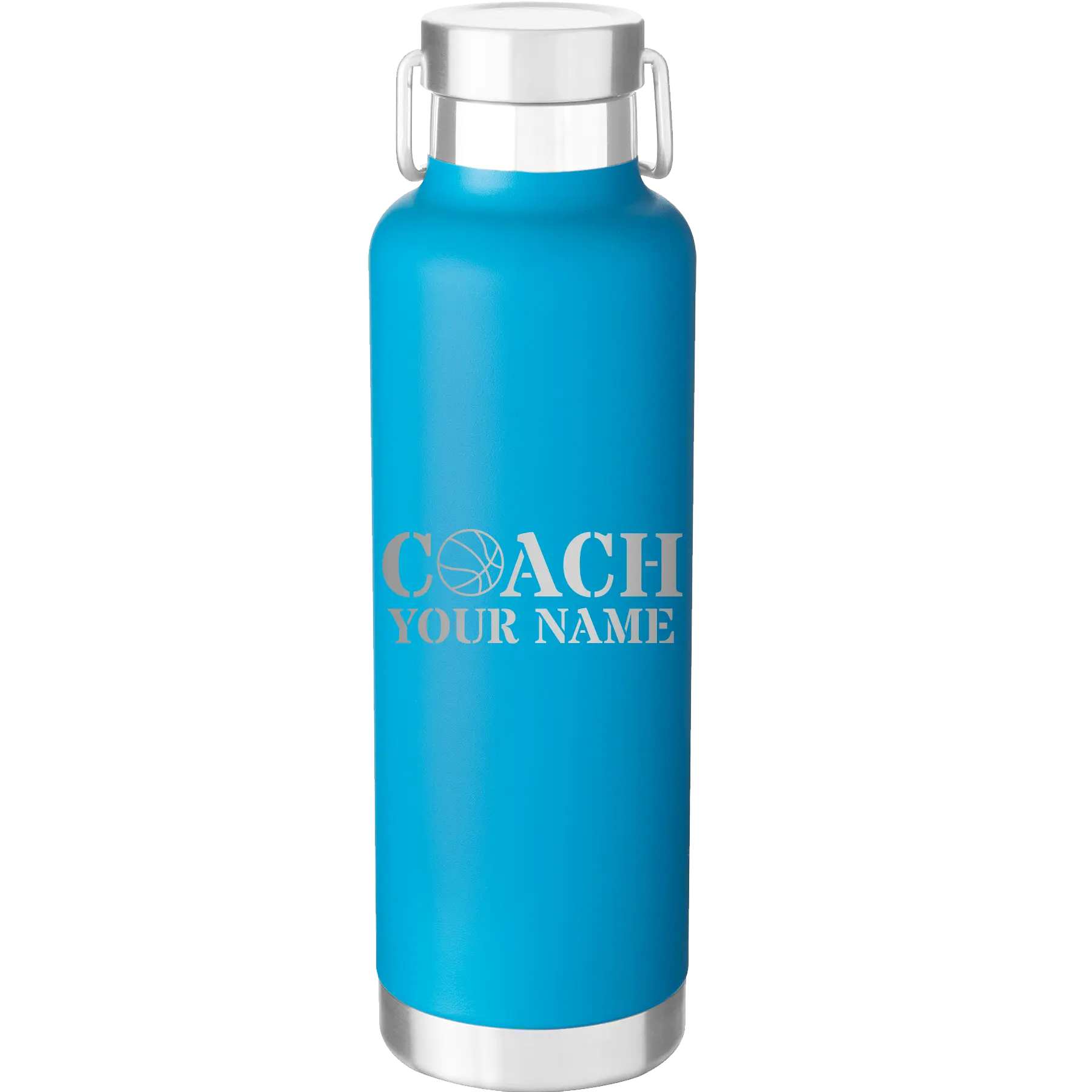 Personalized aqua 24 oz vacuum insulated water bottle with 'Coach Basketball' design
