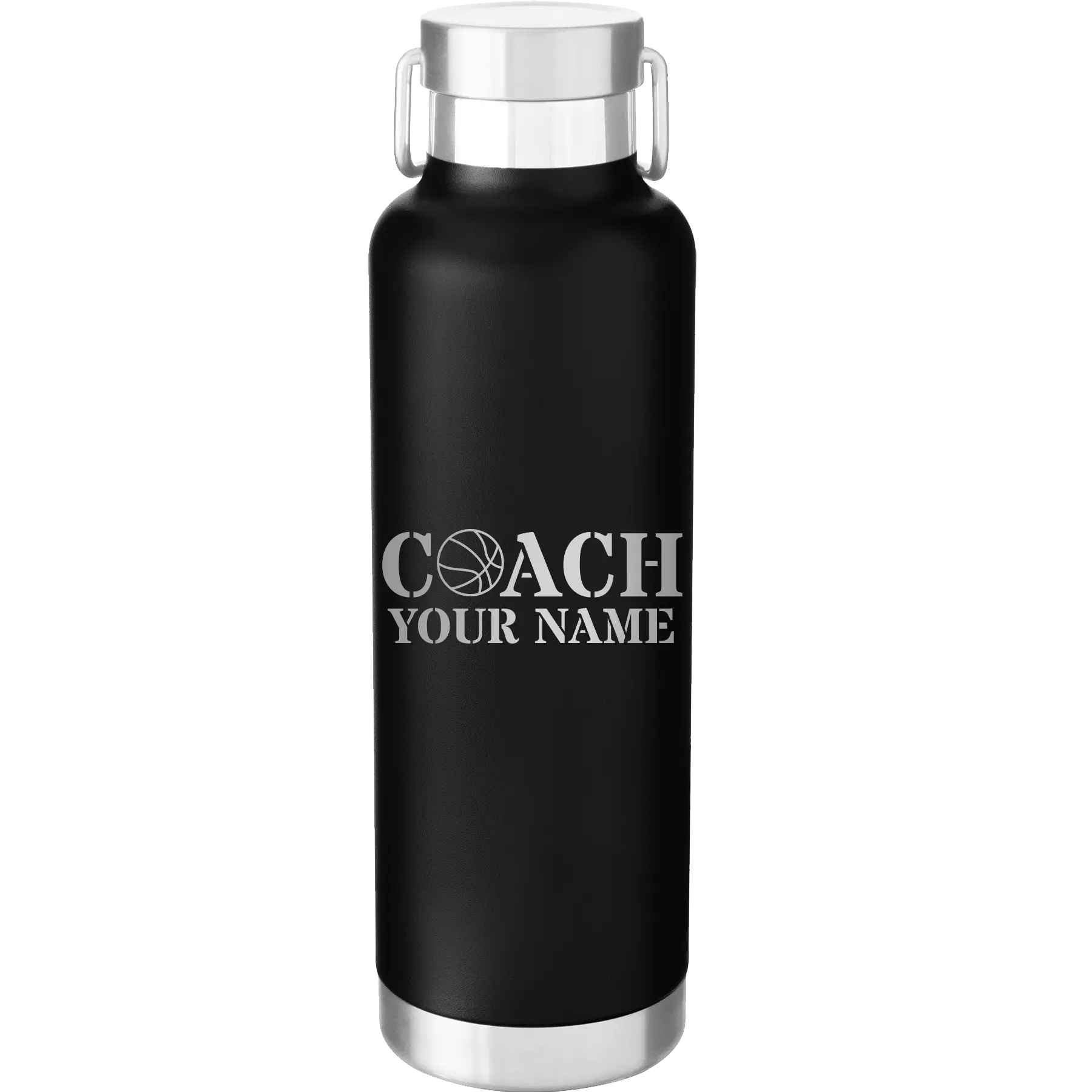 Personalized black 24 oz vacuum insulated water bottle with 'Coach Basketball' design