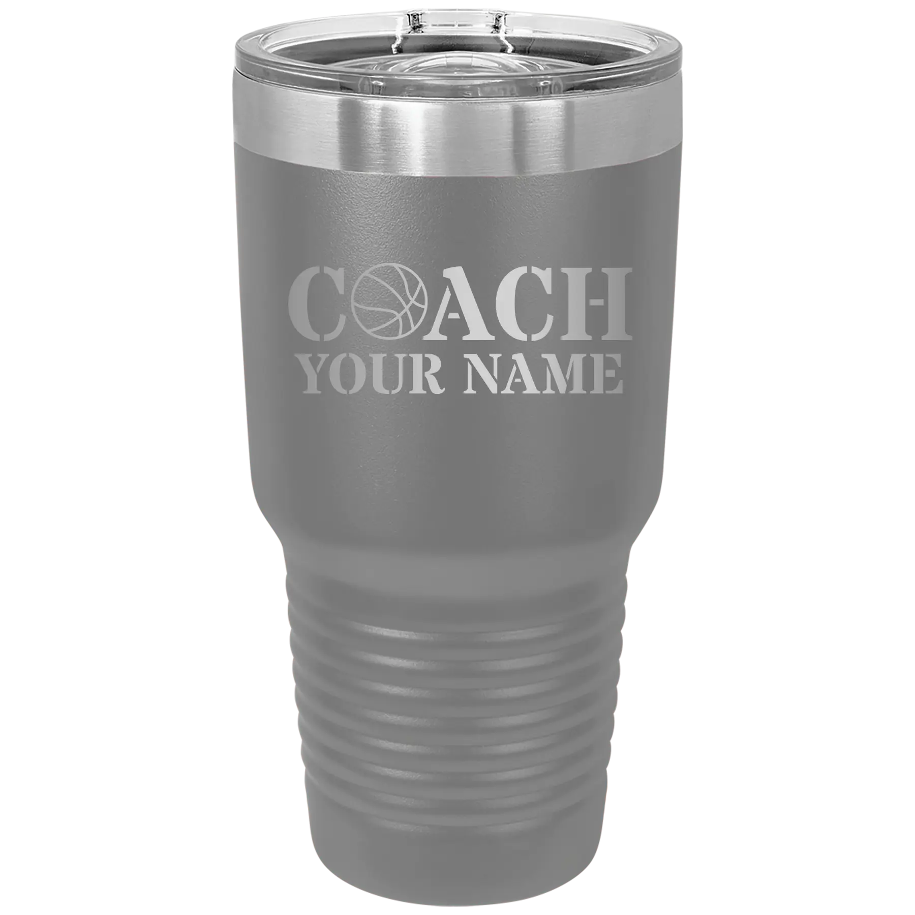 Personalized dark gray 30 oz vacuum insulated tumbler with 'Coach Basketball' design