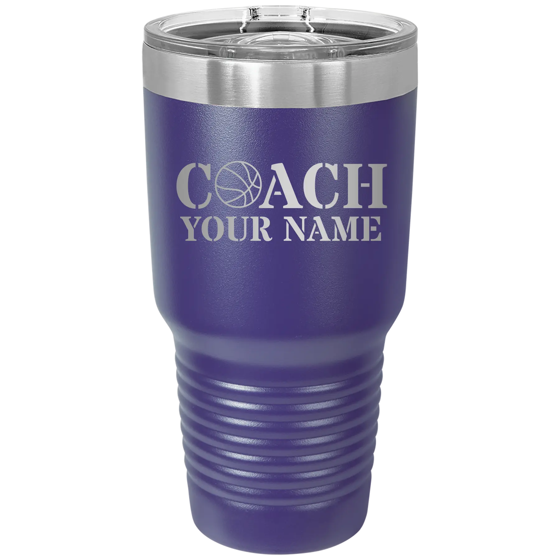 Personalized purple 30 oz vacuum insulated tumbler with 'Coach Basketball' design