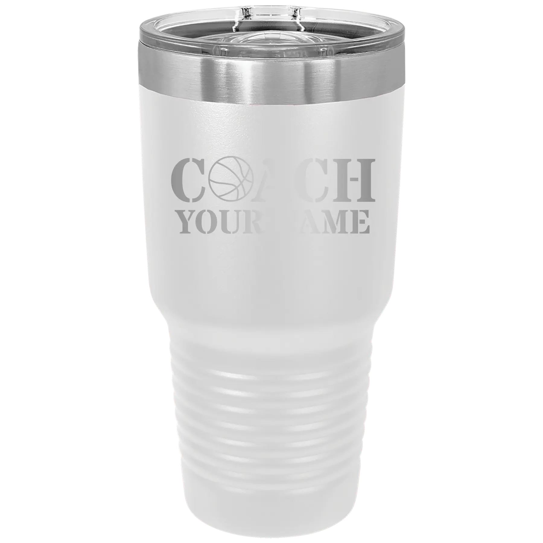Personalized white 30 oz vacuum insulated tumbler with 'Coach Basketball' design