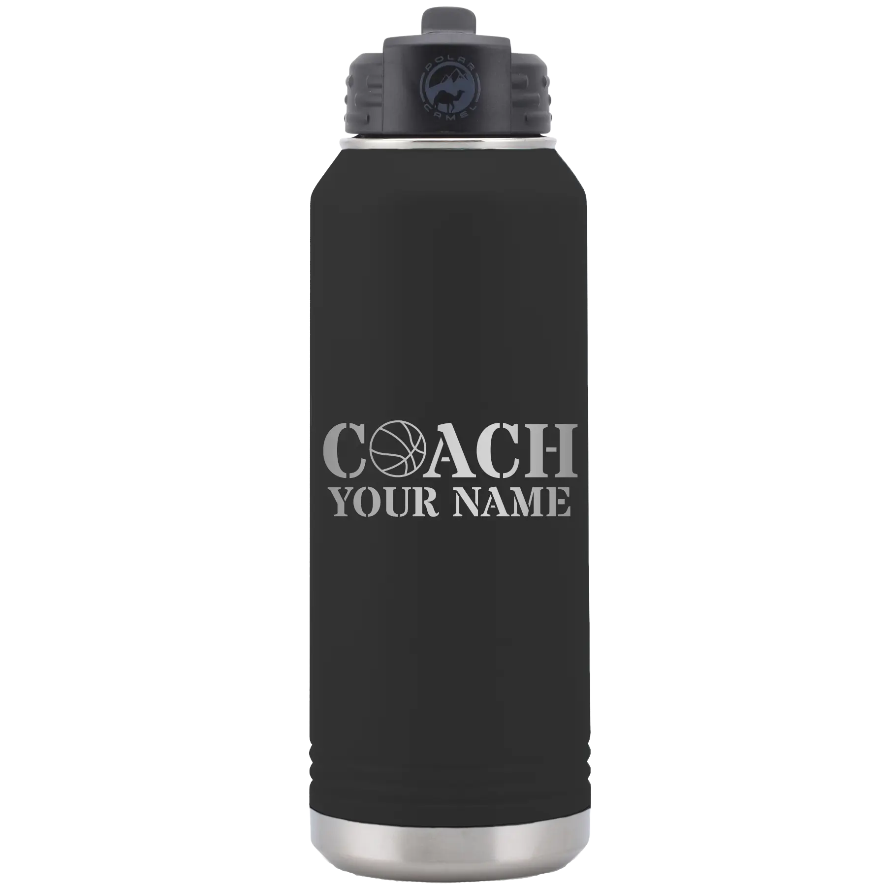 Personalized black 32 oz vacuum insulated water bottle with 'Coach Basketball' design