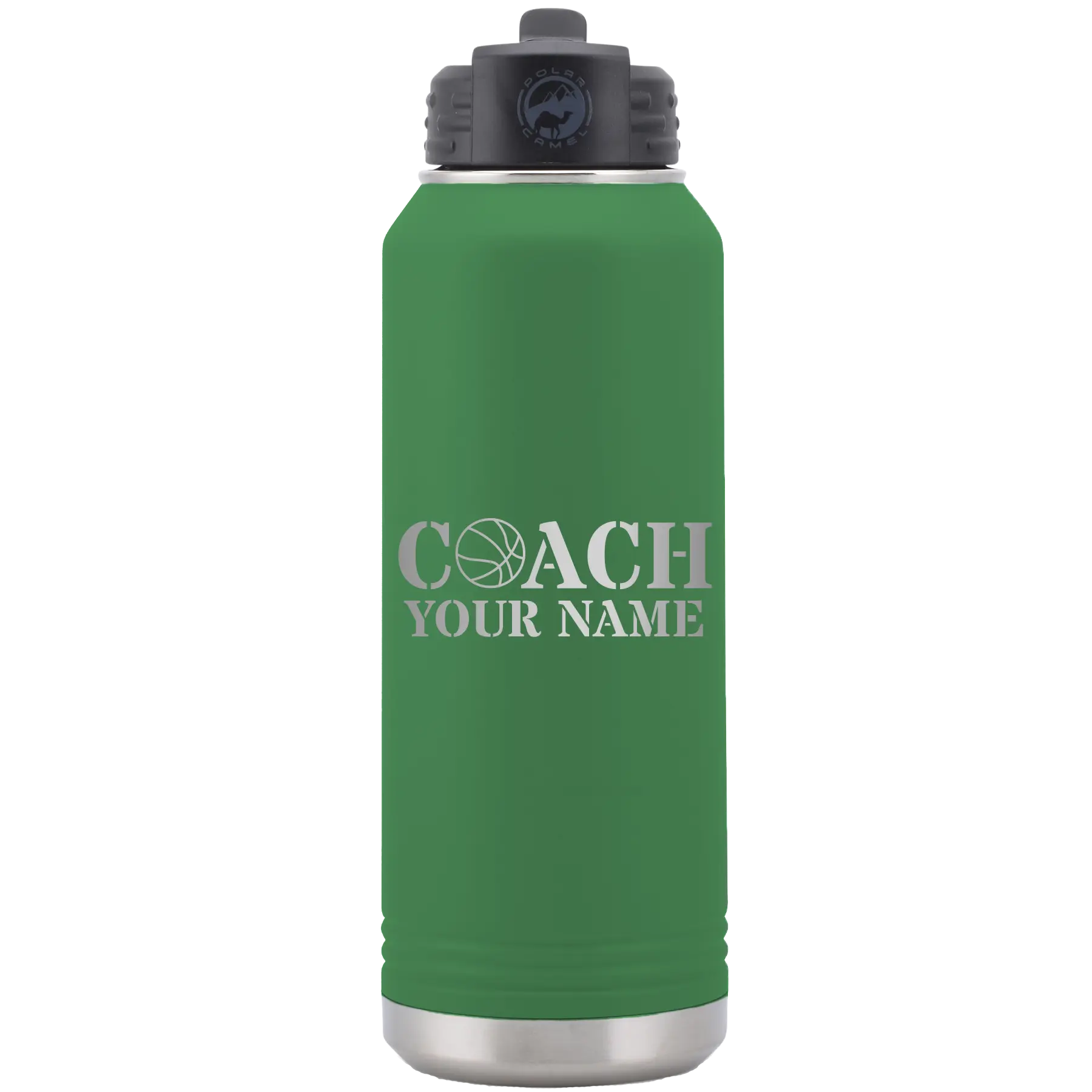 Personalized green 32 oz vacuum insulated water bottle with 'Coach Basketball' design