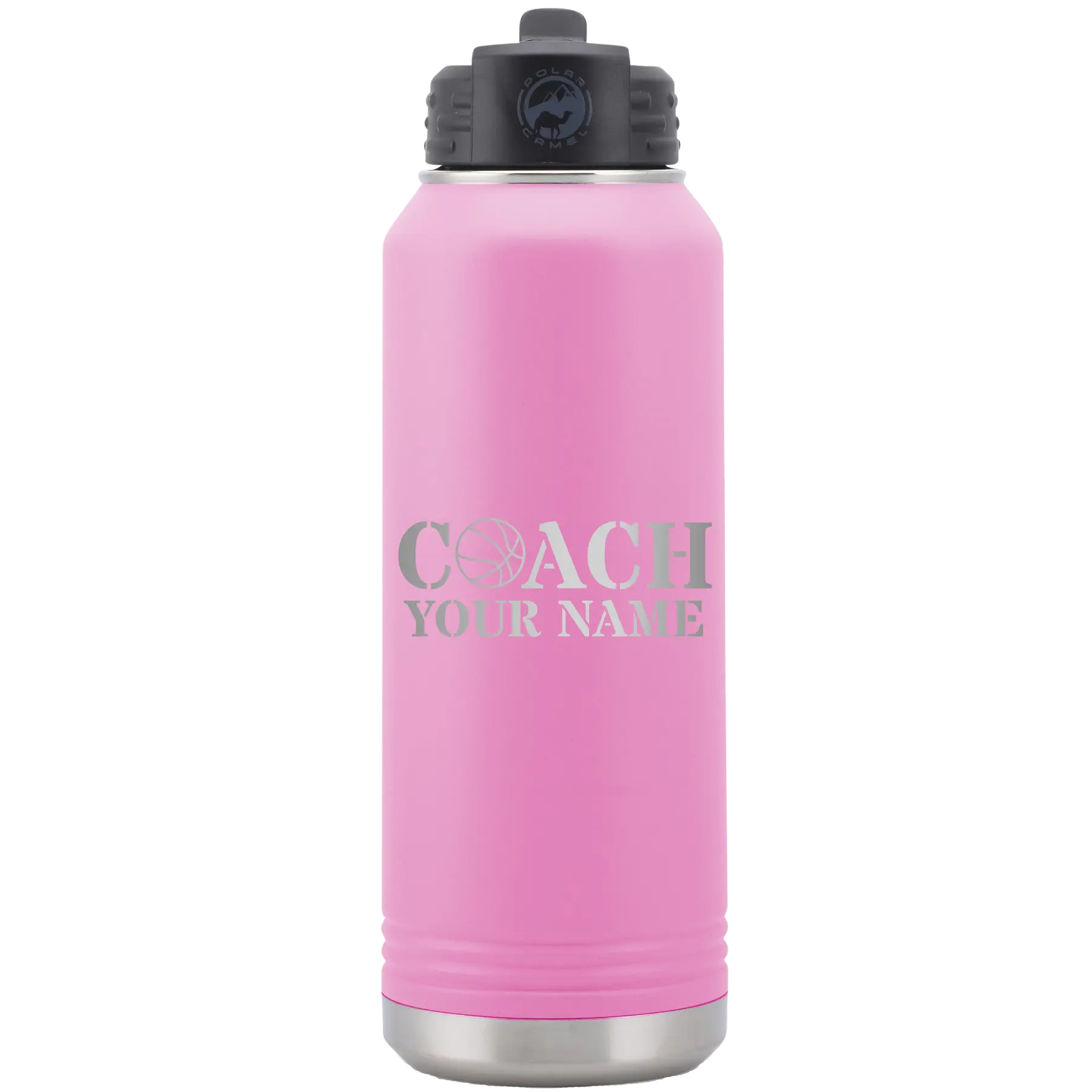 Personalized light purple 32 oz vacuum insulated water bottle with 'Coach Basketball' design