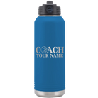 Personalized royal blue 32 oz vacuum insulated water bottle with 'Coach Basketball' design