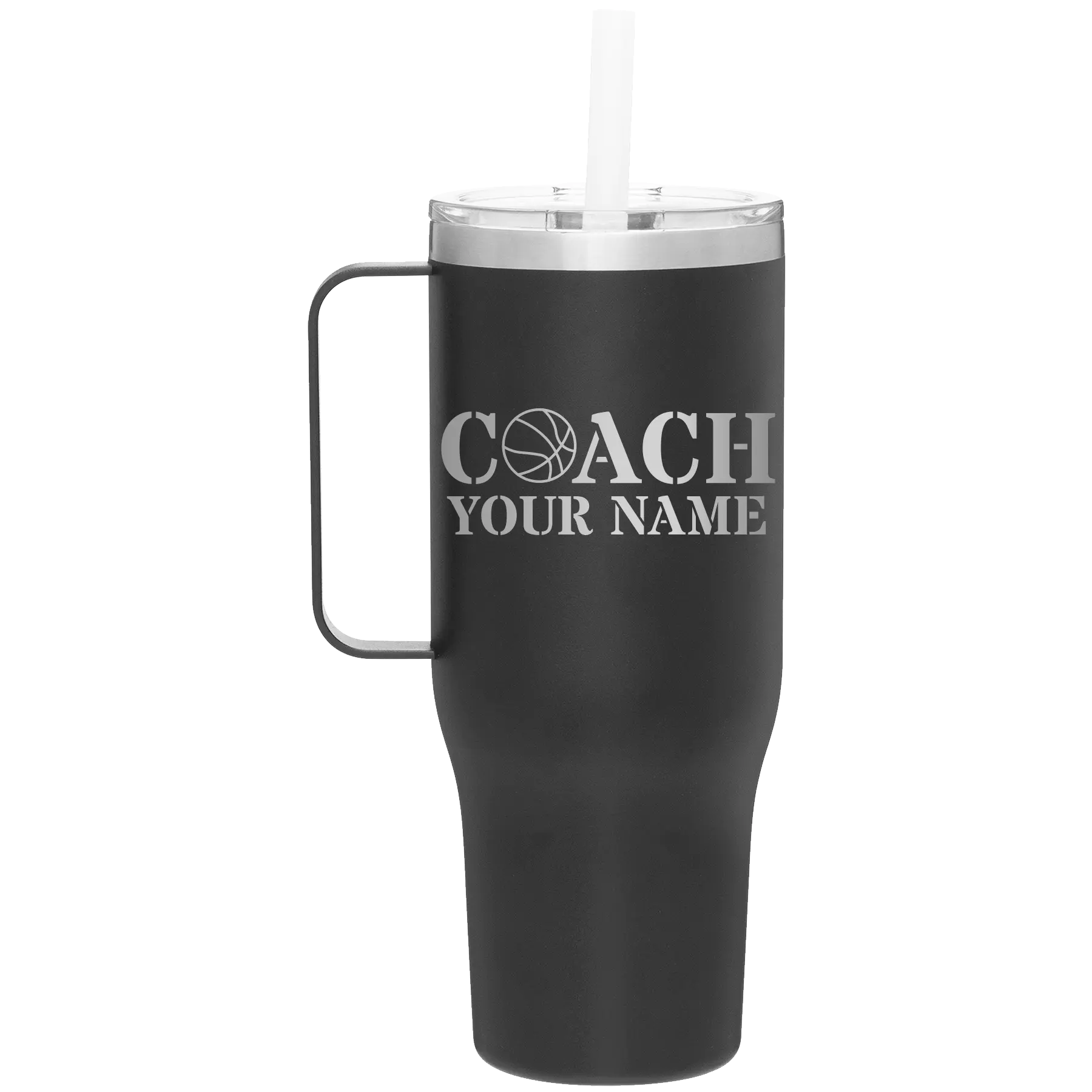 Personalized black 40 oz vacuum insulated tumbler mug with 'Coach Basketball' design