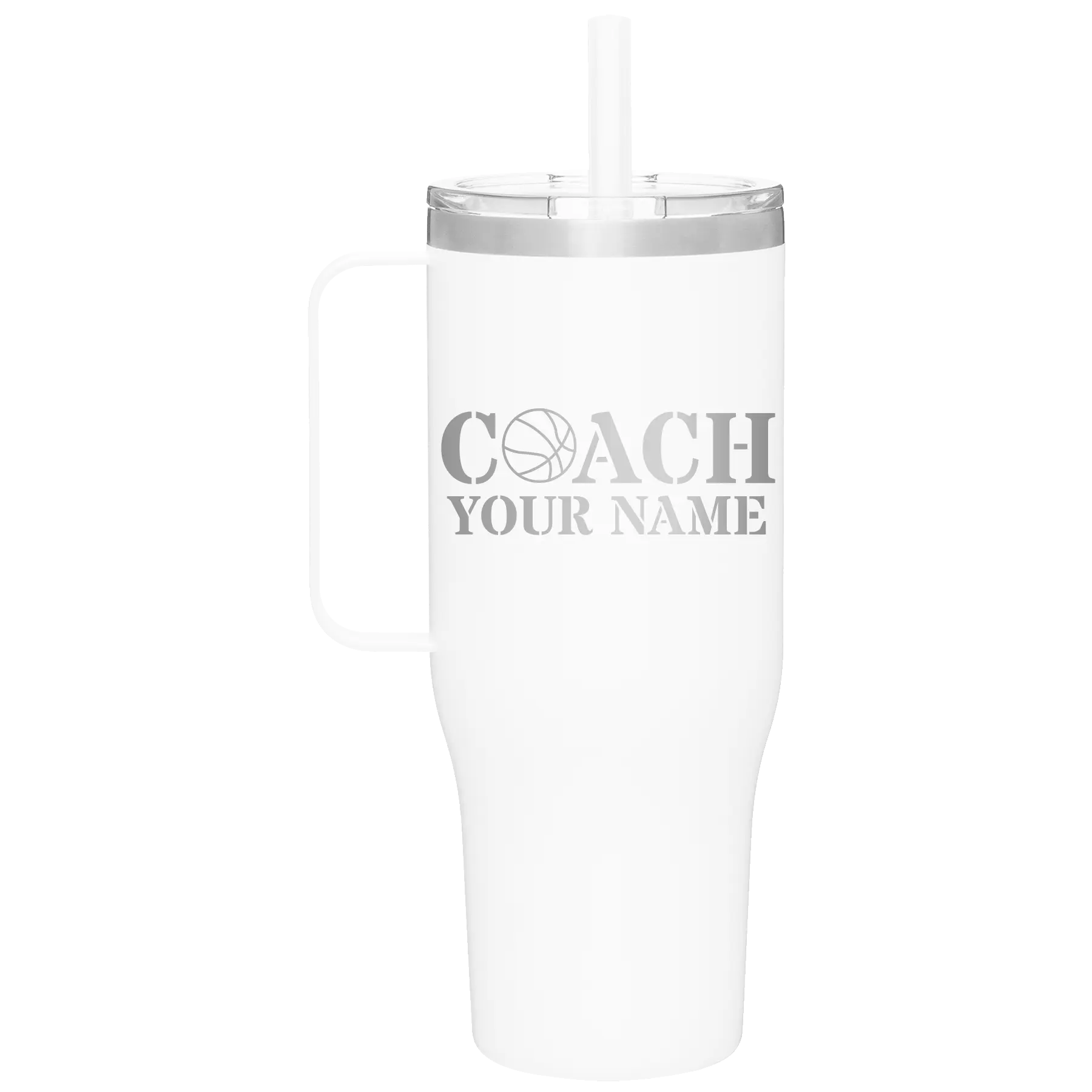 Personalized white 40 oz vacuum insulated tumbler mug with 'Coach Basketball' design