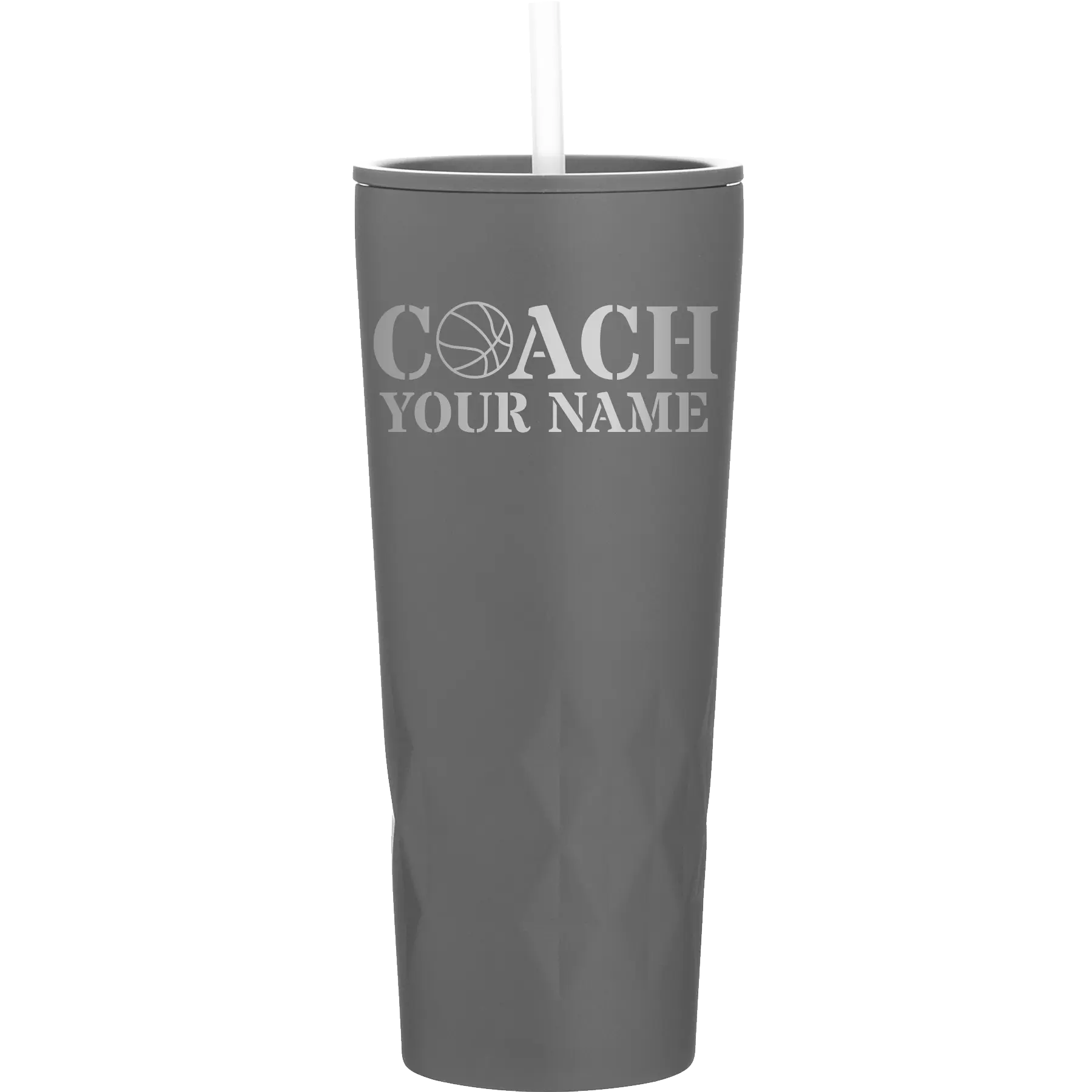 Personalized slate 20 oz vacuum insulated tumbler with 'Coach Basketball' design