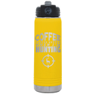 Laser etched yellow 20 oz vacuum insulated water bottle with 'Coffee Tastes Better When I'm Hunting' design