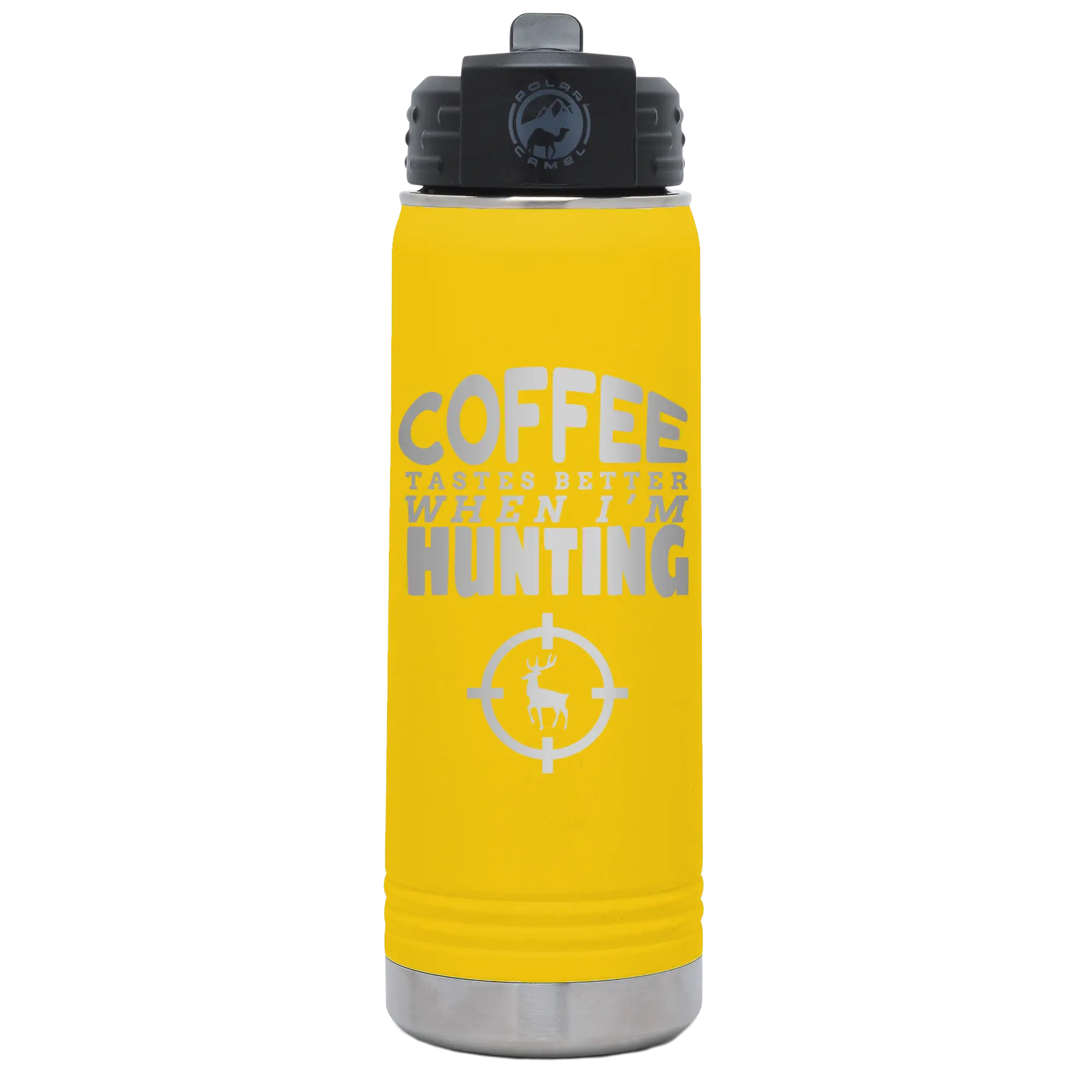 Laser etched yellow 20 oz vacuum insulated water bottle with 'Coffee Tastes Better When I'm Hunting' design