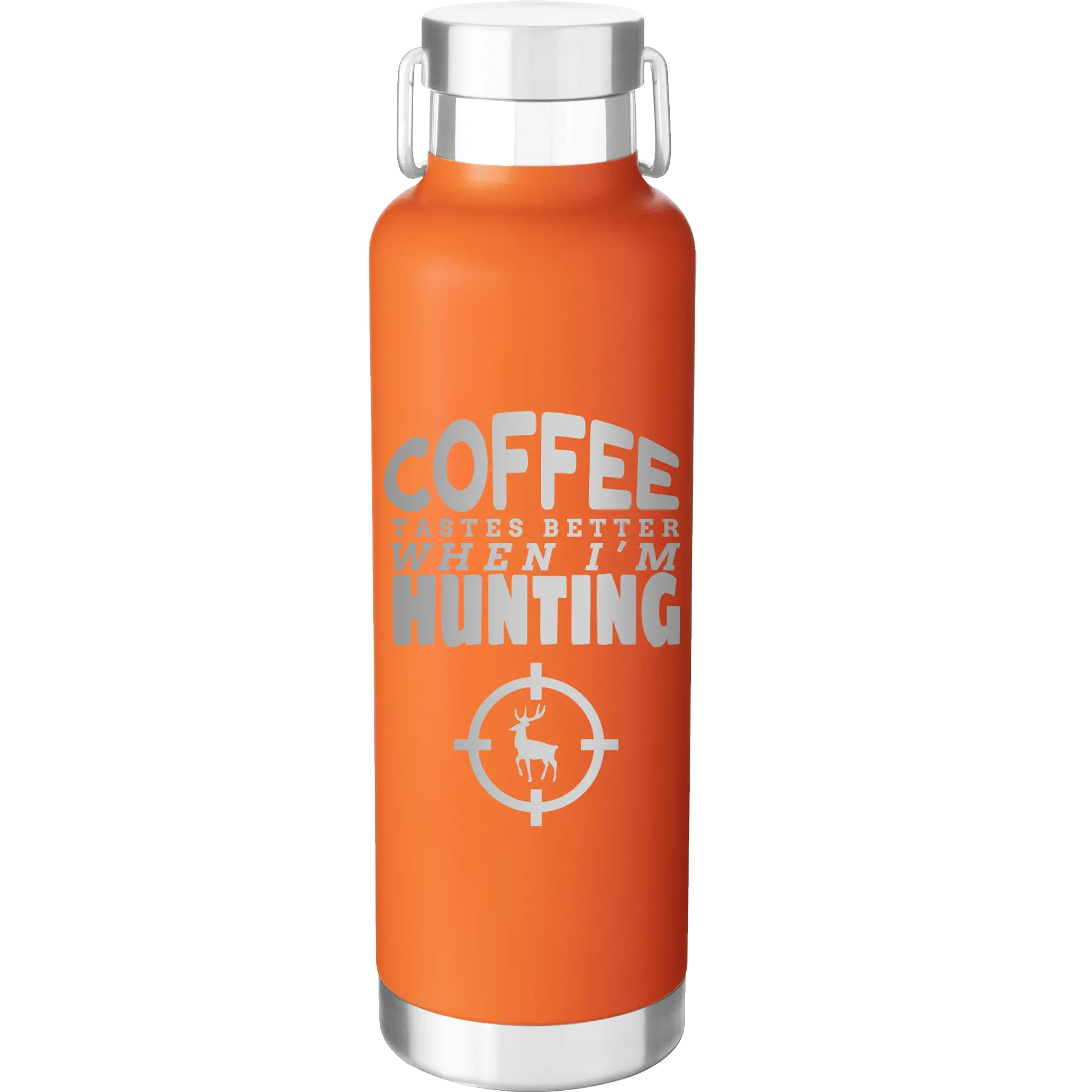 Laser etched orange 24 oz vacuum insulated water bottle with 'Coffee Tastes Better When I'm Hunting' design