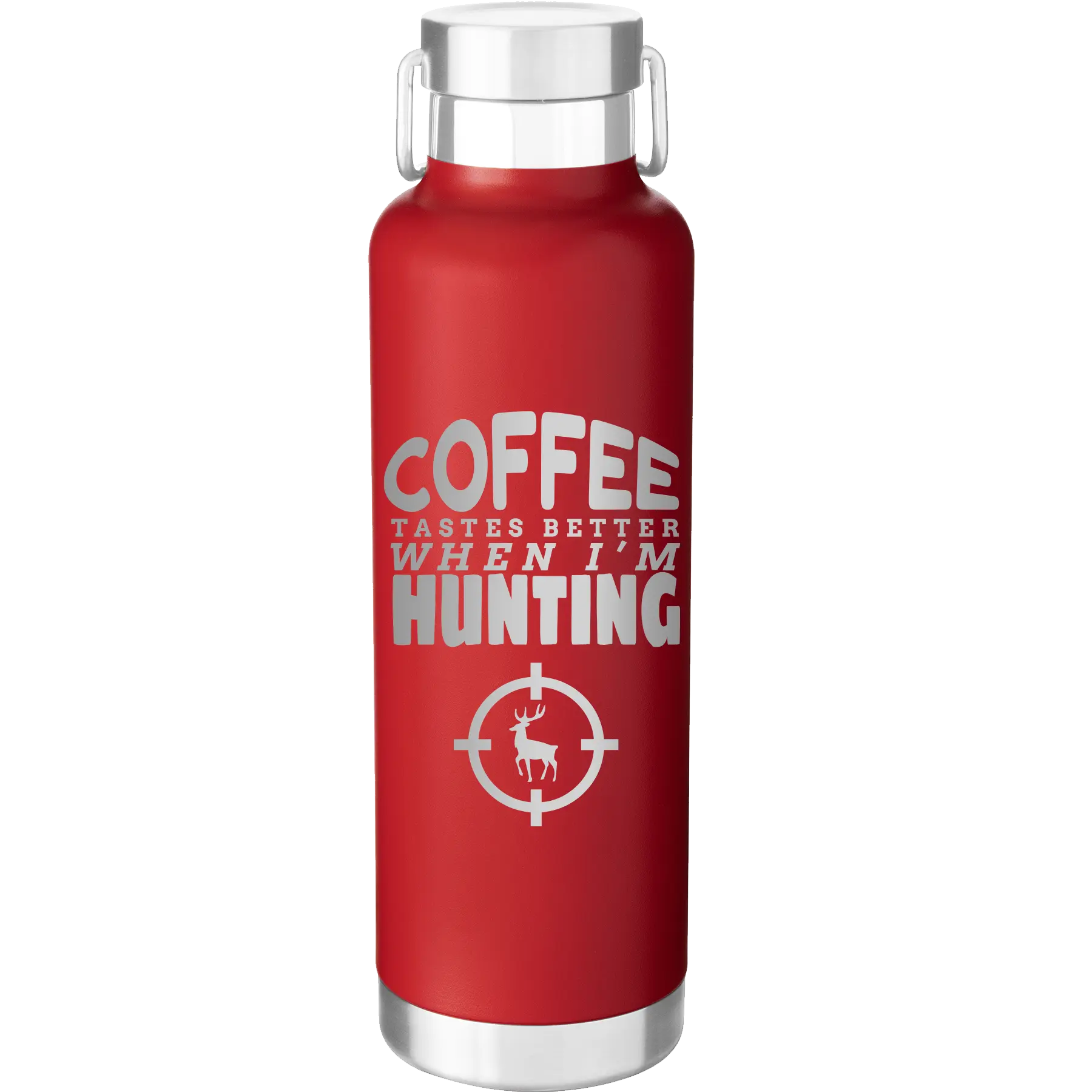 Laser etched red 24 oz vacuum insulated water bottle with 'Coffee Tastes Better When I'm Hunting' design