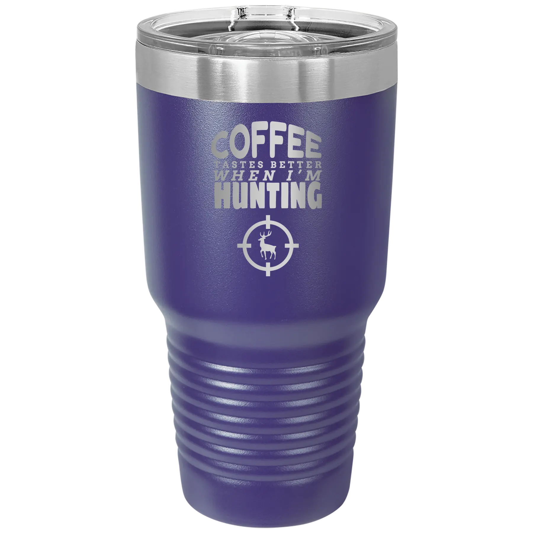 Laser etched purple 30 oz vacuum insulated tumbler with 'Coffee Tastes Better When I'm Hunting' design