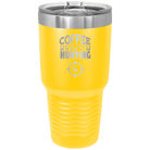 Laser etched yellow 30 oz vacuum insulated tumbler with 'Coffee Tastes Better When I'm Hunting' design