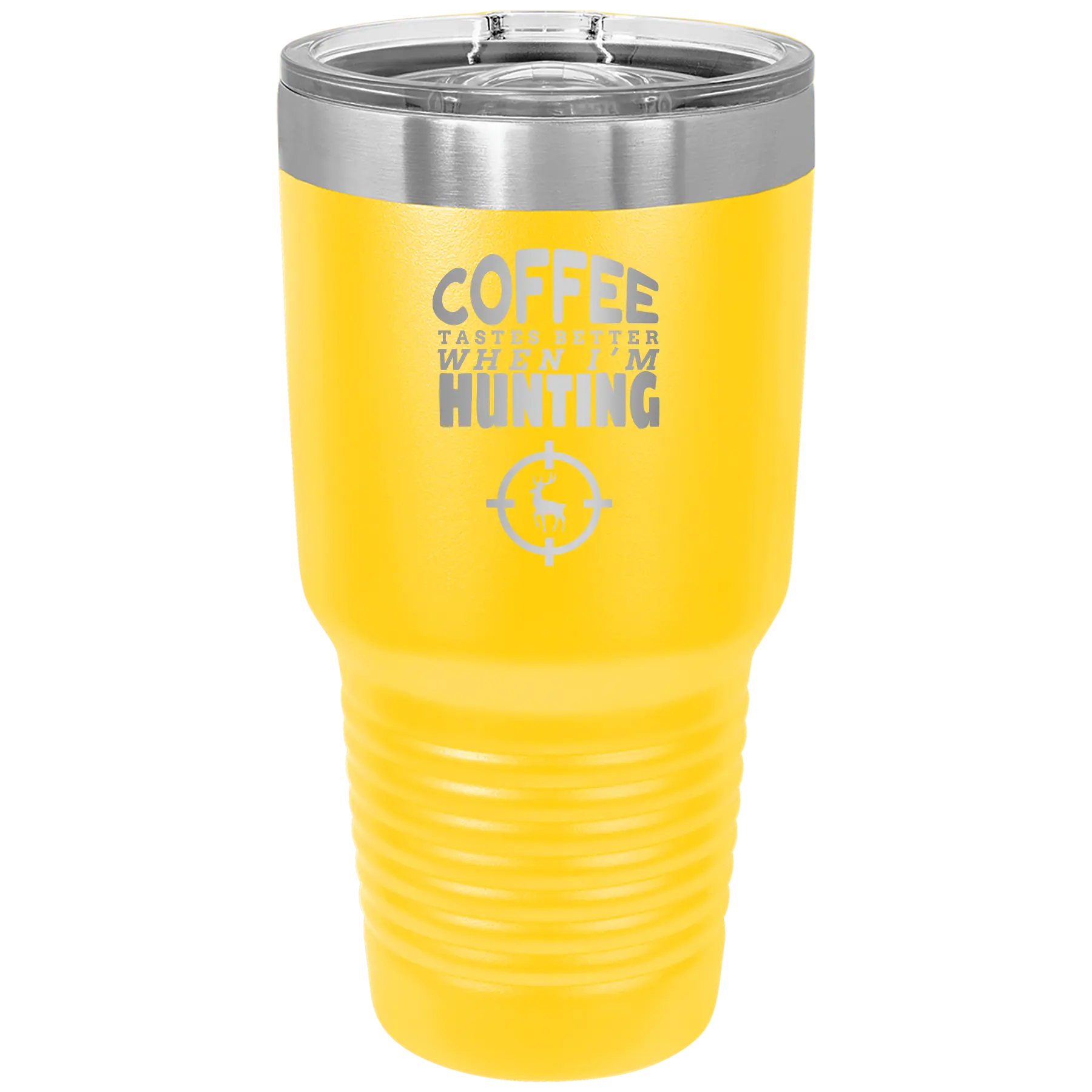 Laser etched yellow 30 oz vacuum insulated tumbler with 'Coffee Tastes Better When I'm Hunting' design