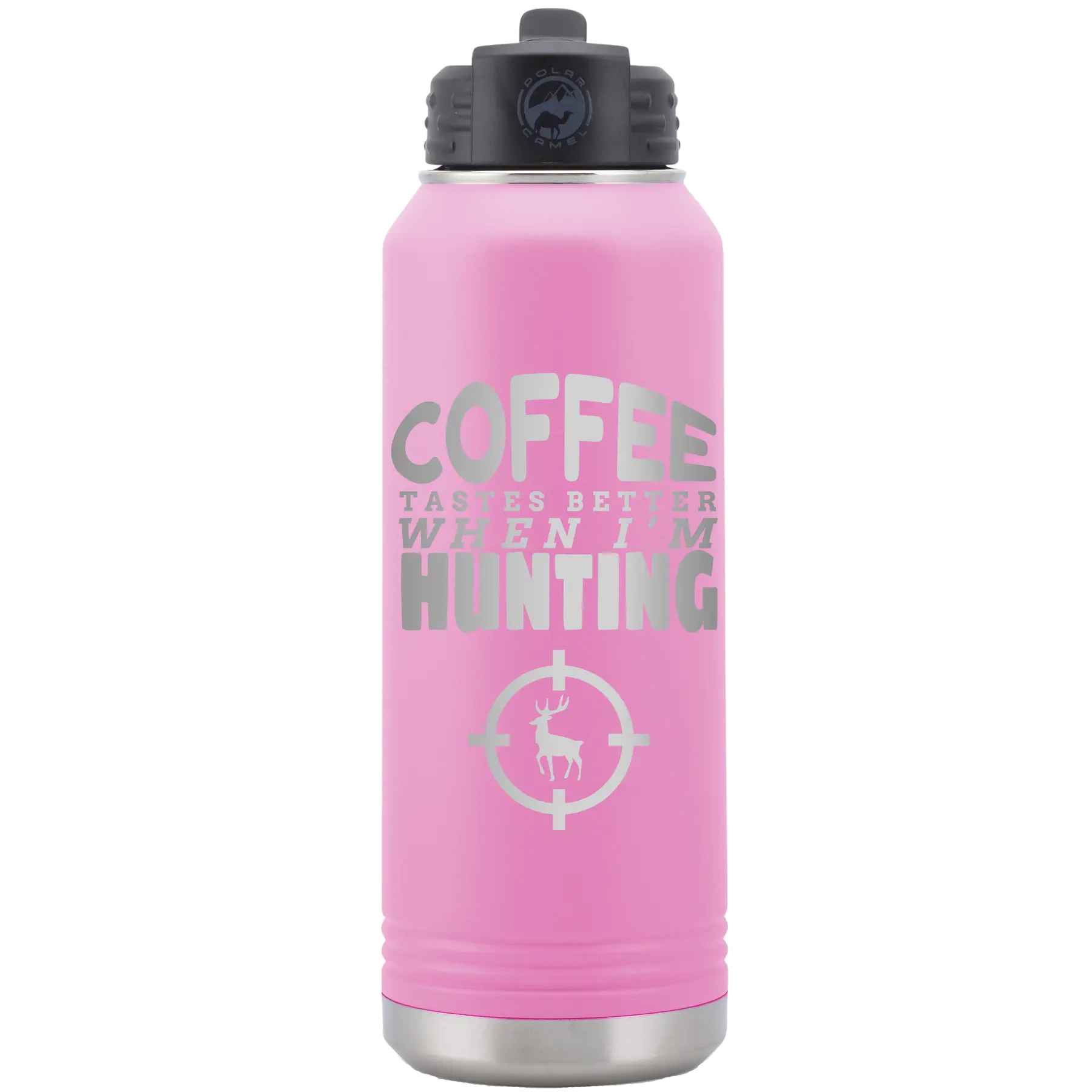 Laser etched light purple 32 oz vacuum insulated water bottle with 'Coffee Tastes Better When I'm Hunting' design