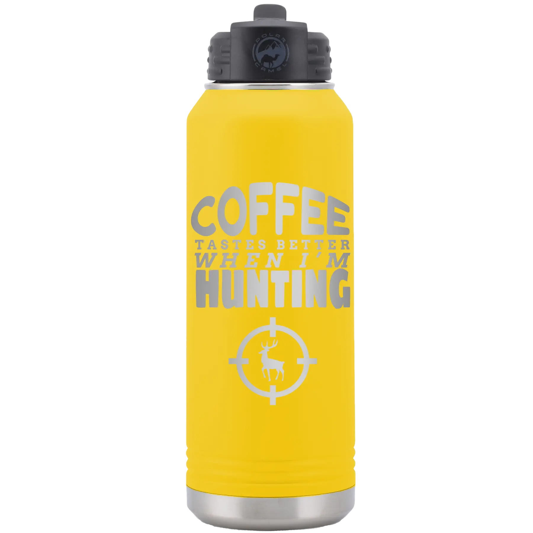 Laser etched yellow 32 oz vacuum insulated water bottle with 'Coffee Tastes Better When I'm Hunting' design