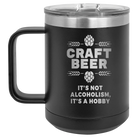 Laser etched black 15 oz vacuum insulated coffee mug with 'Craft Beer' design