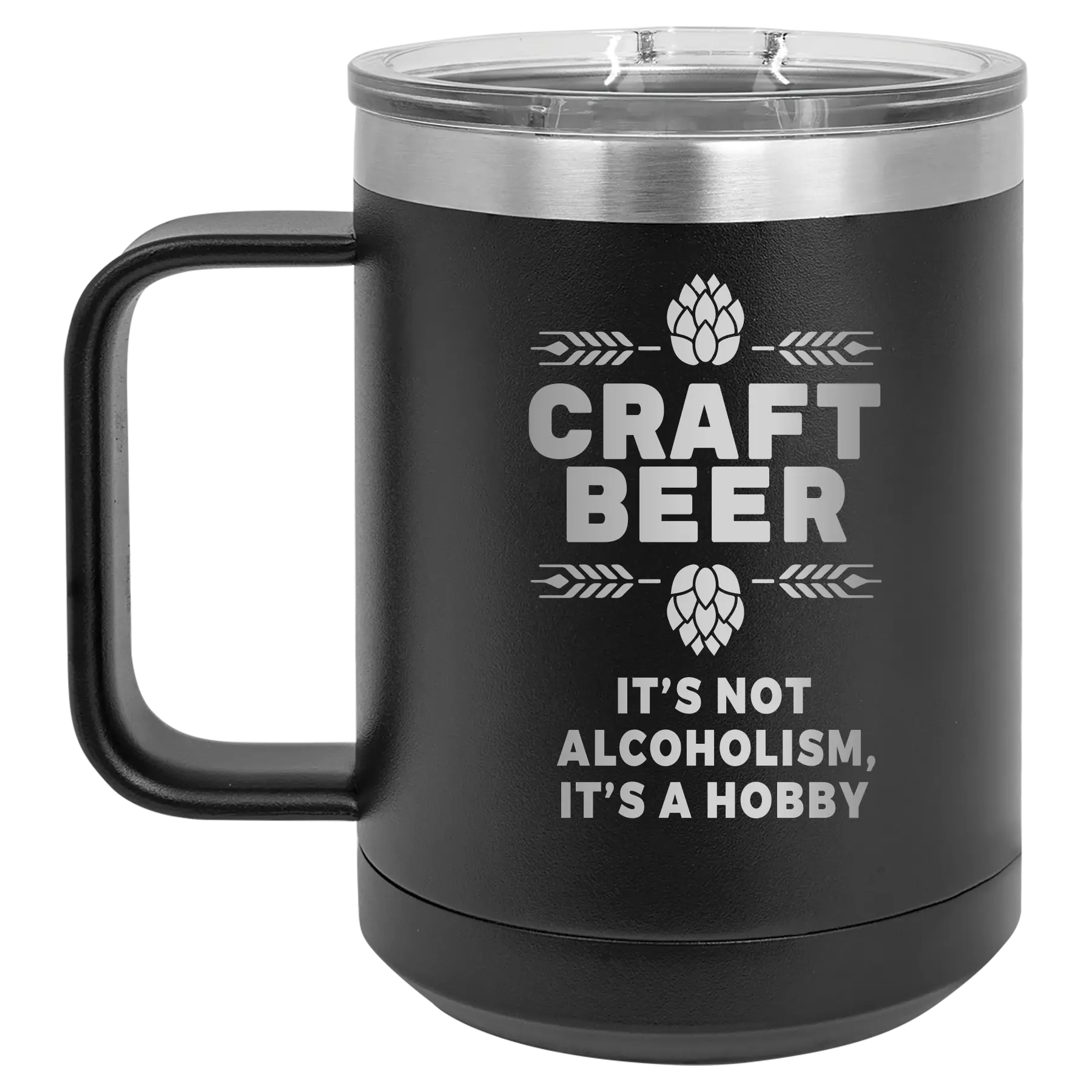 Laser etched black 15 oz vacuum insulated coffee mug with 'Craft Beer' design