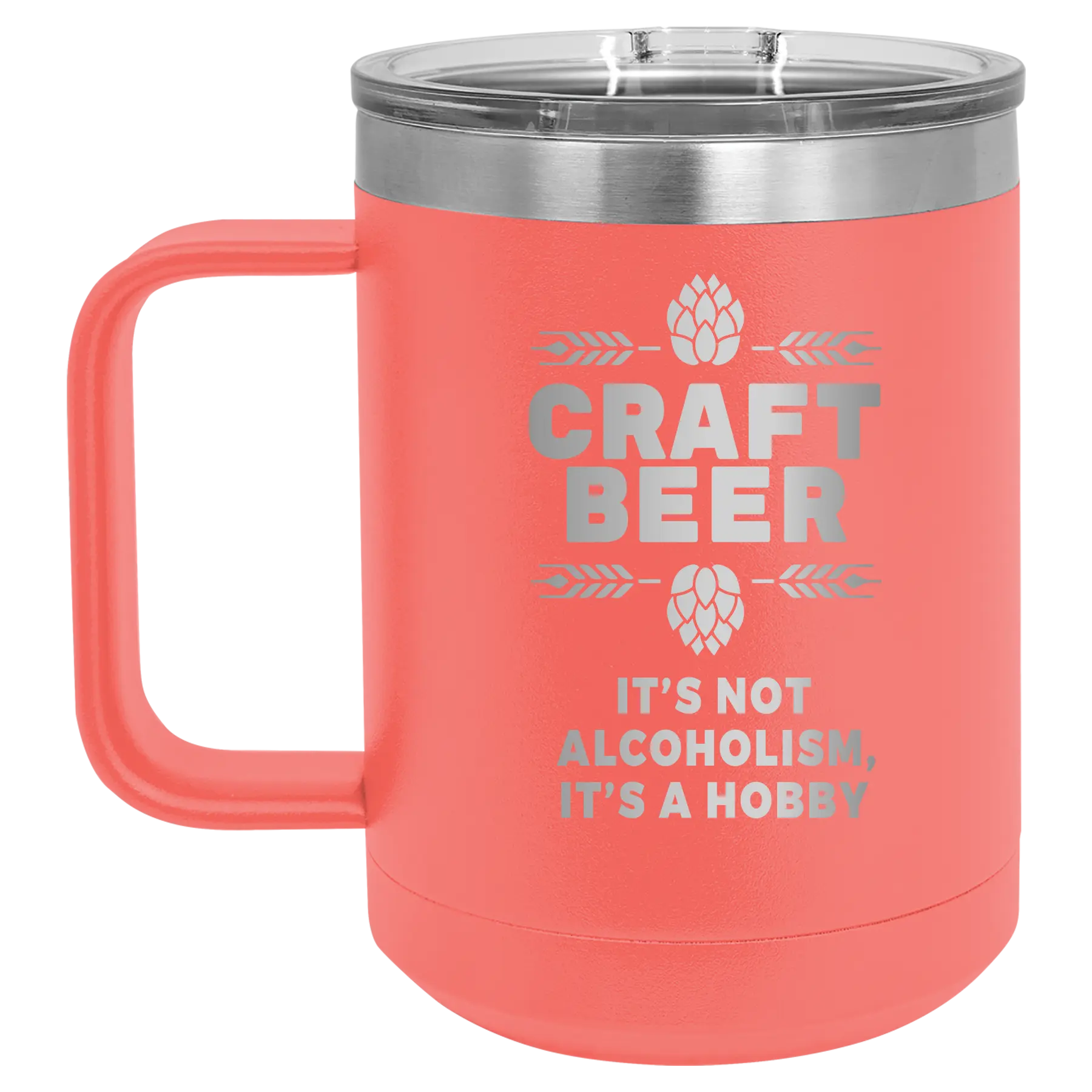 Laser etched coral 15 oz vacuum insulated coffee mug with 'Craft Beer' design