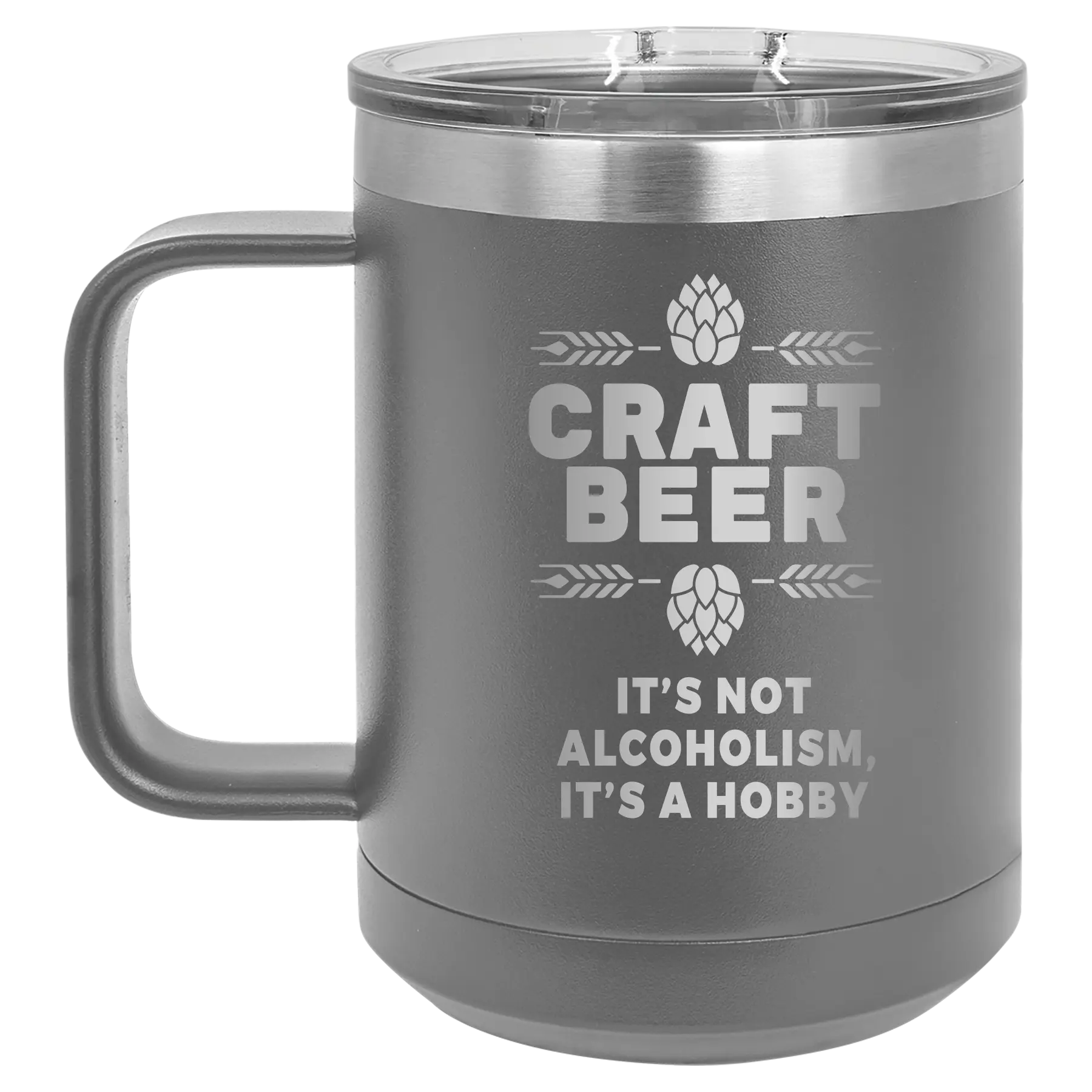 Laser etched dark gray 15 oz vacuum insulated coffee mug with 'Craft Beer' design