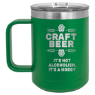 Laser etched green 15 oz vacuum insulated coffee mug with 'Craft Beer' design