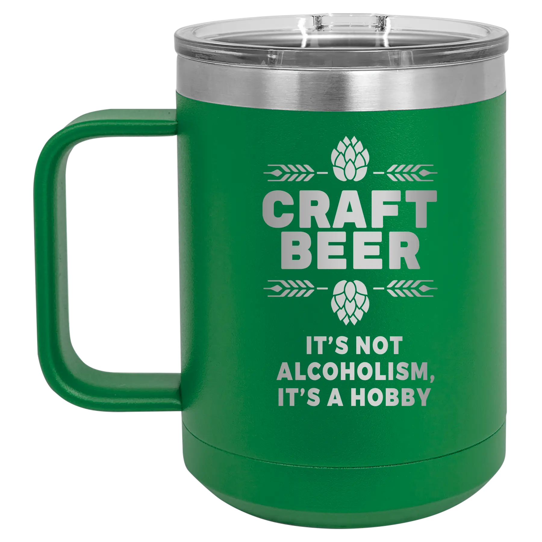 Laser etched green 15 oz vacuum insulated coffee mug with 'Craft Beer' design