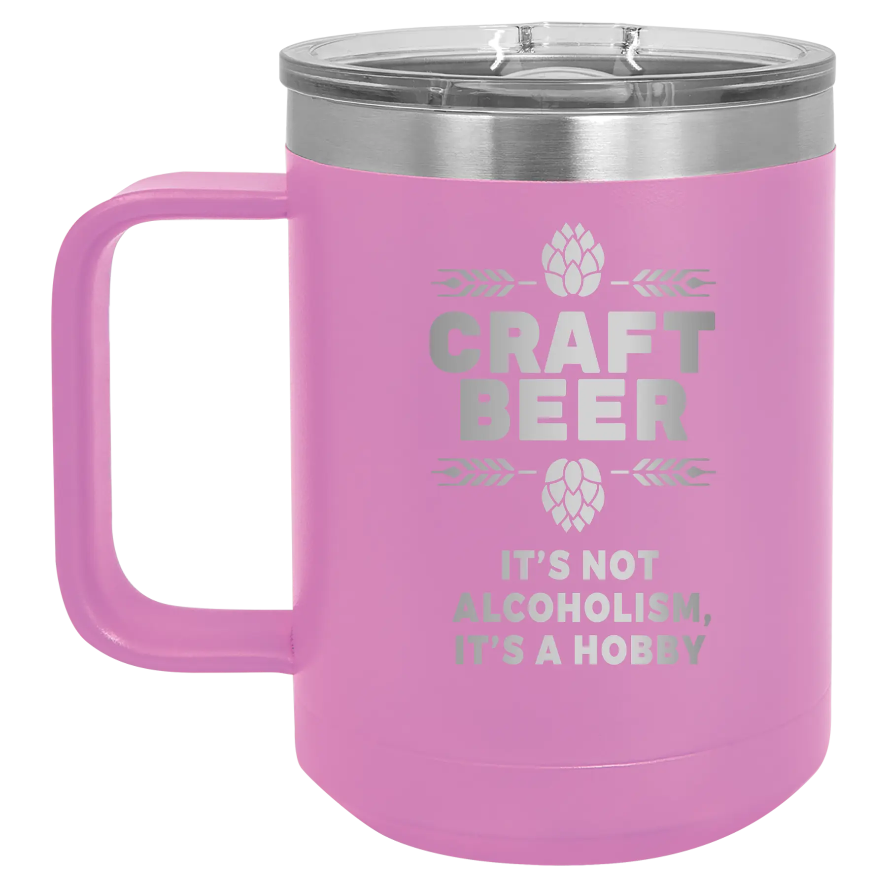 Laser etched light purple 15 oz vacuum insulated coffee mug with 'Craft Beer' design
