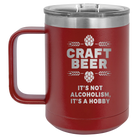 Laser etched maroon 15 oz vacuum insulated coffee mug with 'Craft Beer' design