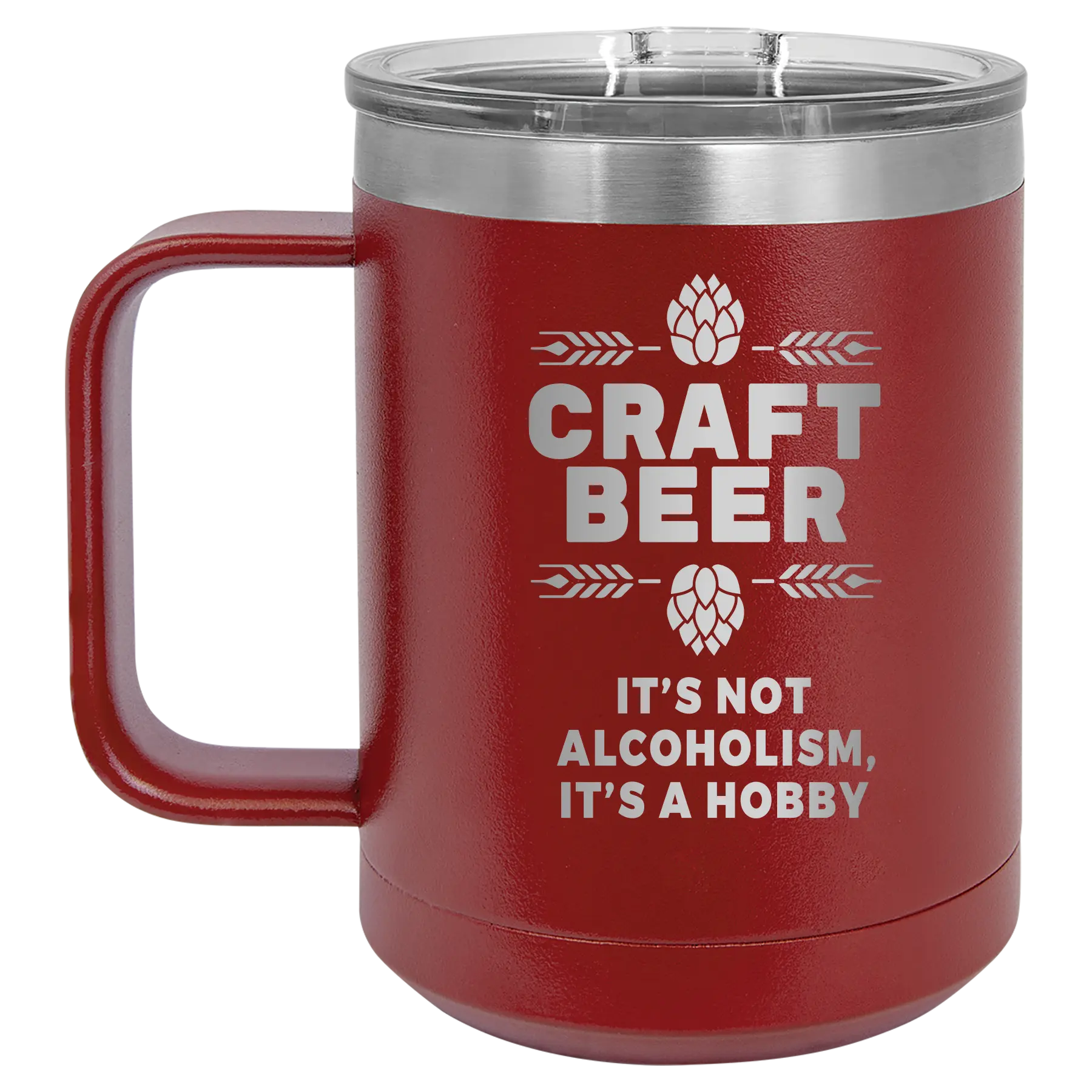 Laser etched maroon 15 oz vacuum insulated coffee mug with 'Craft Beer' design