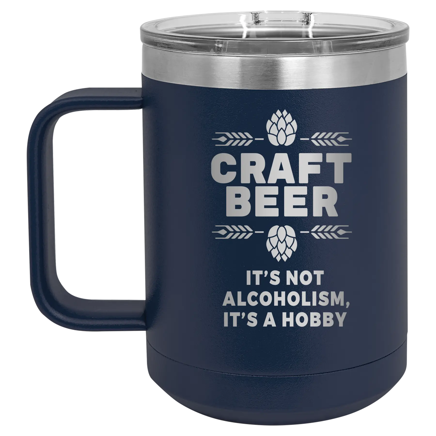 Laser etched navy 15 oz vacuum insulated coffee mug with 'Craft Beer' design