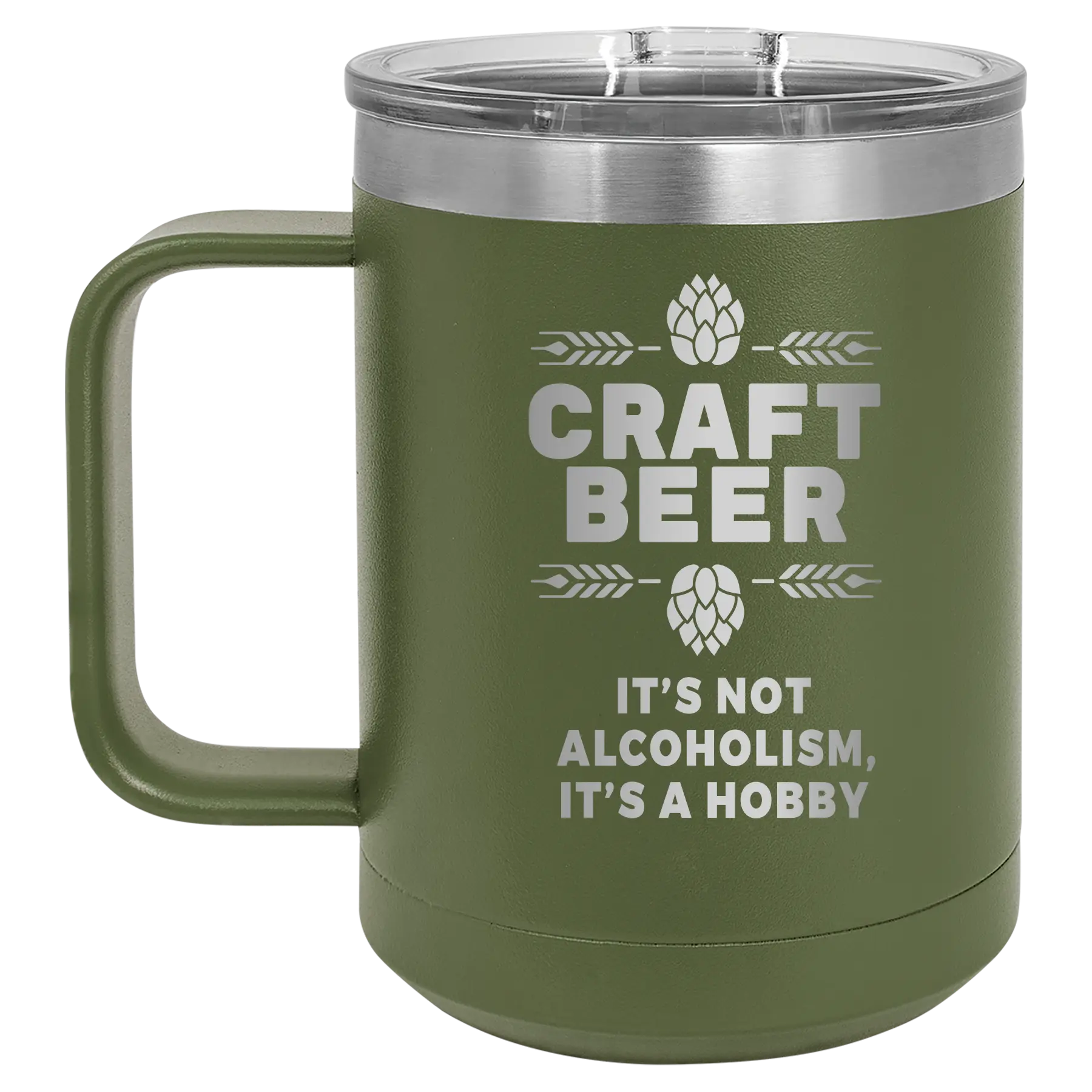 Laser etched olive green 15 oz vacuum insulated coffee mug with 'Craft Beer' design